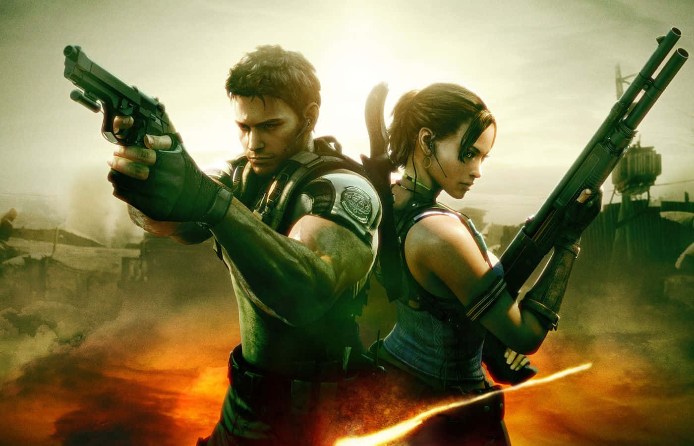 Resident Evil 5, co-op gameplay, fiery urban battlefield, HD Desktop Wallpaper