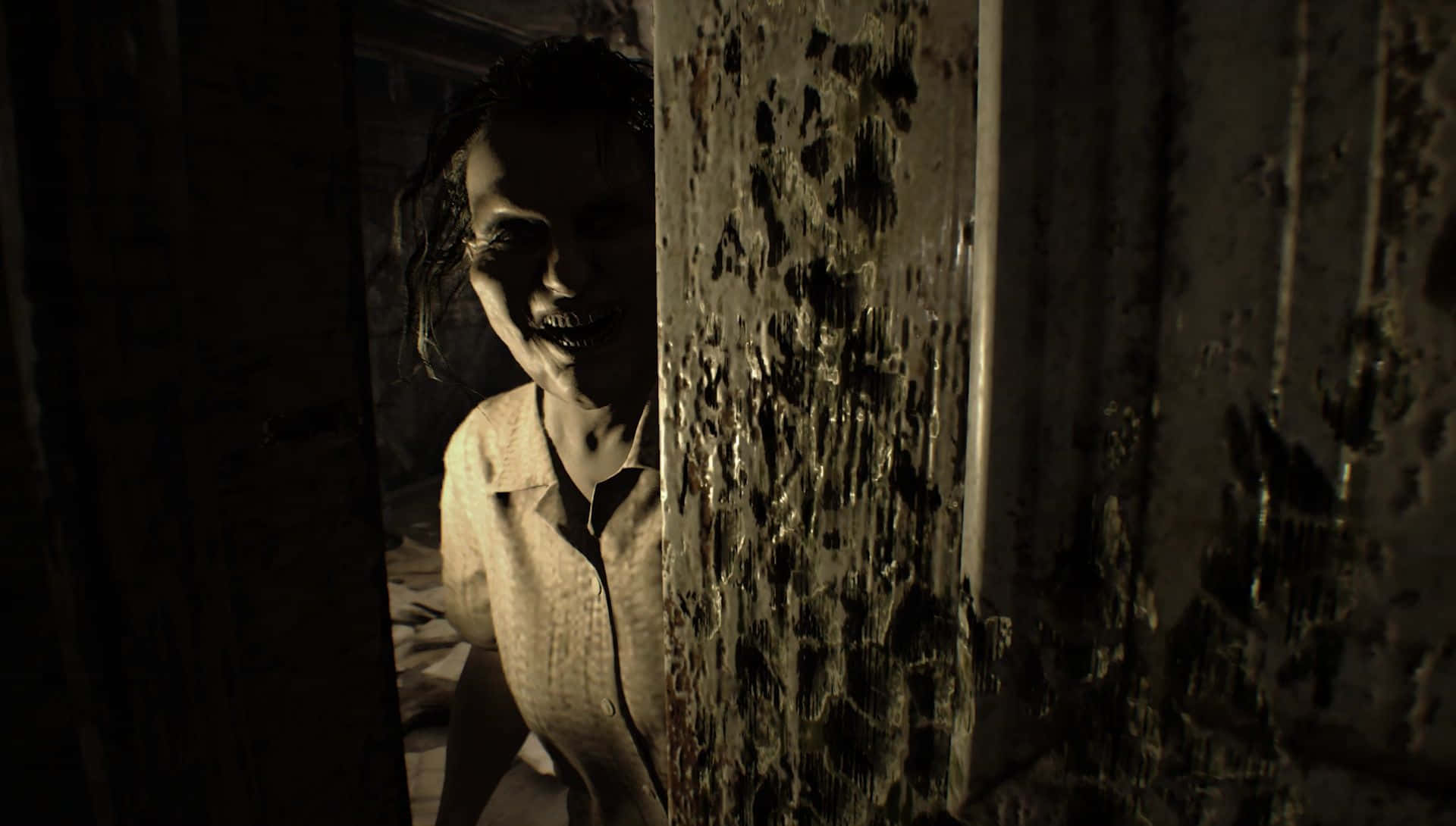 Resident Evil 7, pale woman, wide grin, Full HD Desktop Wallpaper