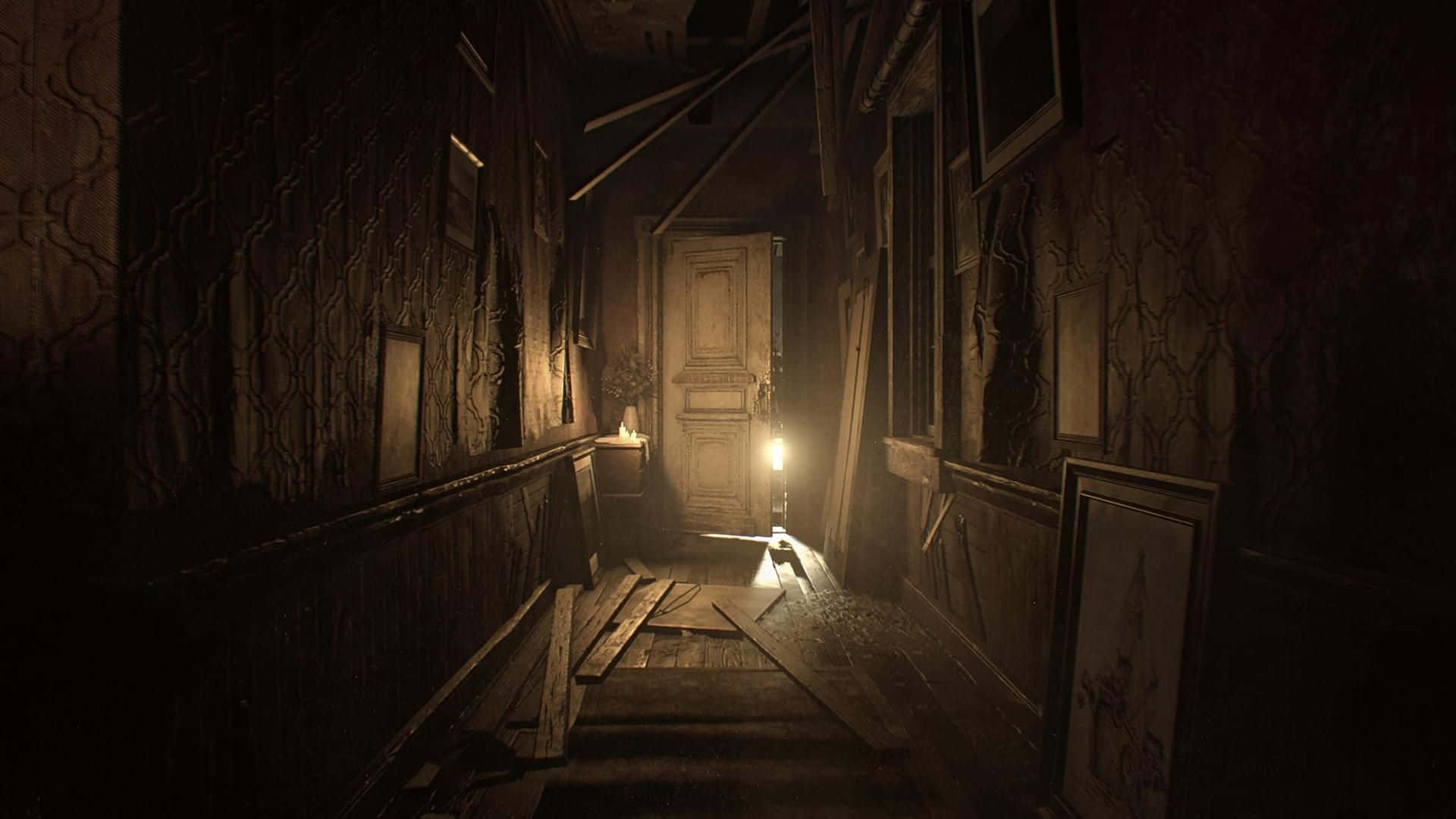 Resident Evil 7, decaying hallway, broken stairs, Full HD Desktop Wallpaper