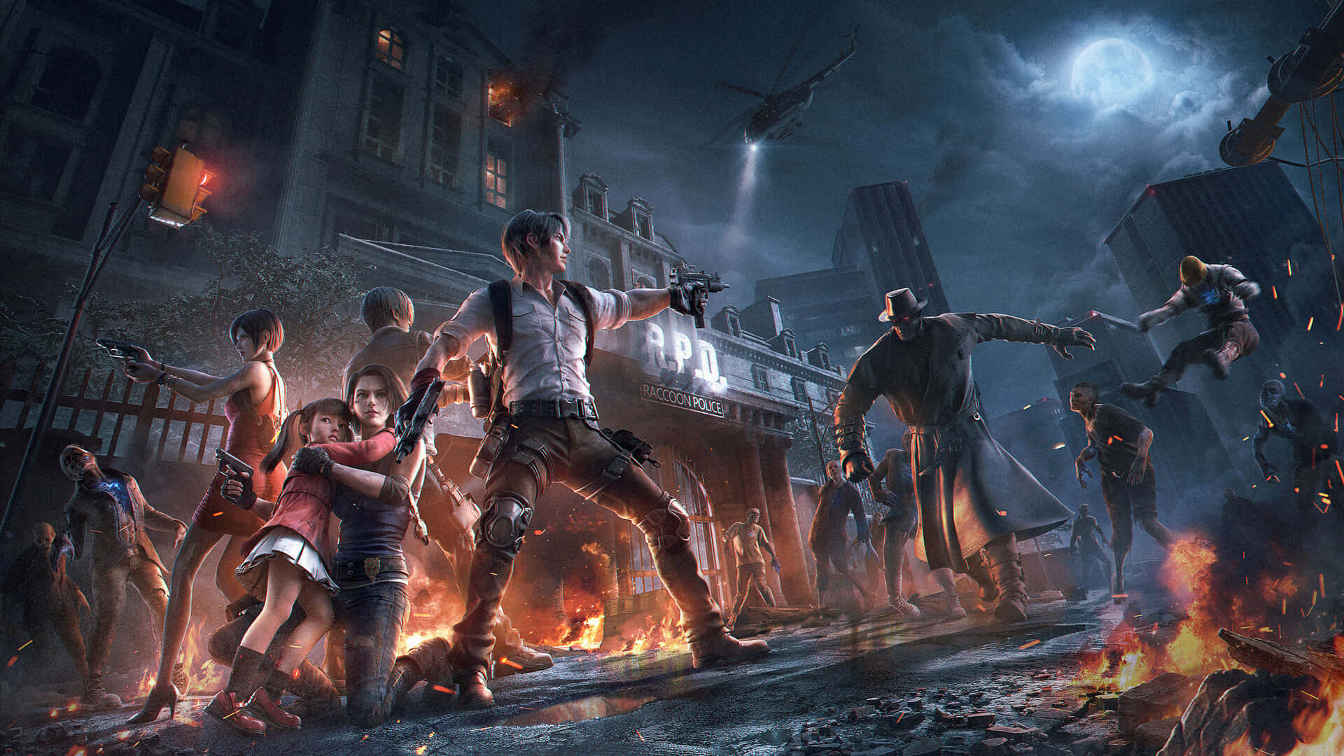 Resident Evil, zombies, burning city street, Full HD Desktop Wallpaper