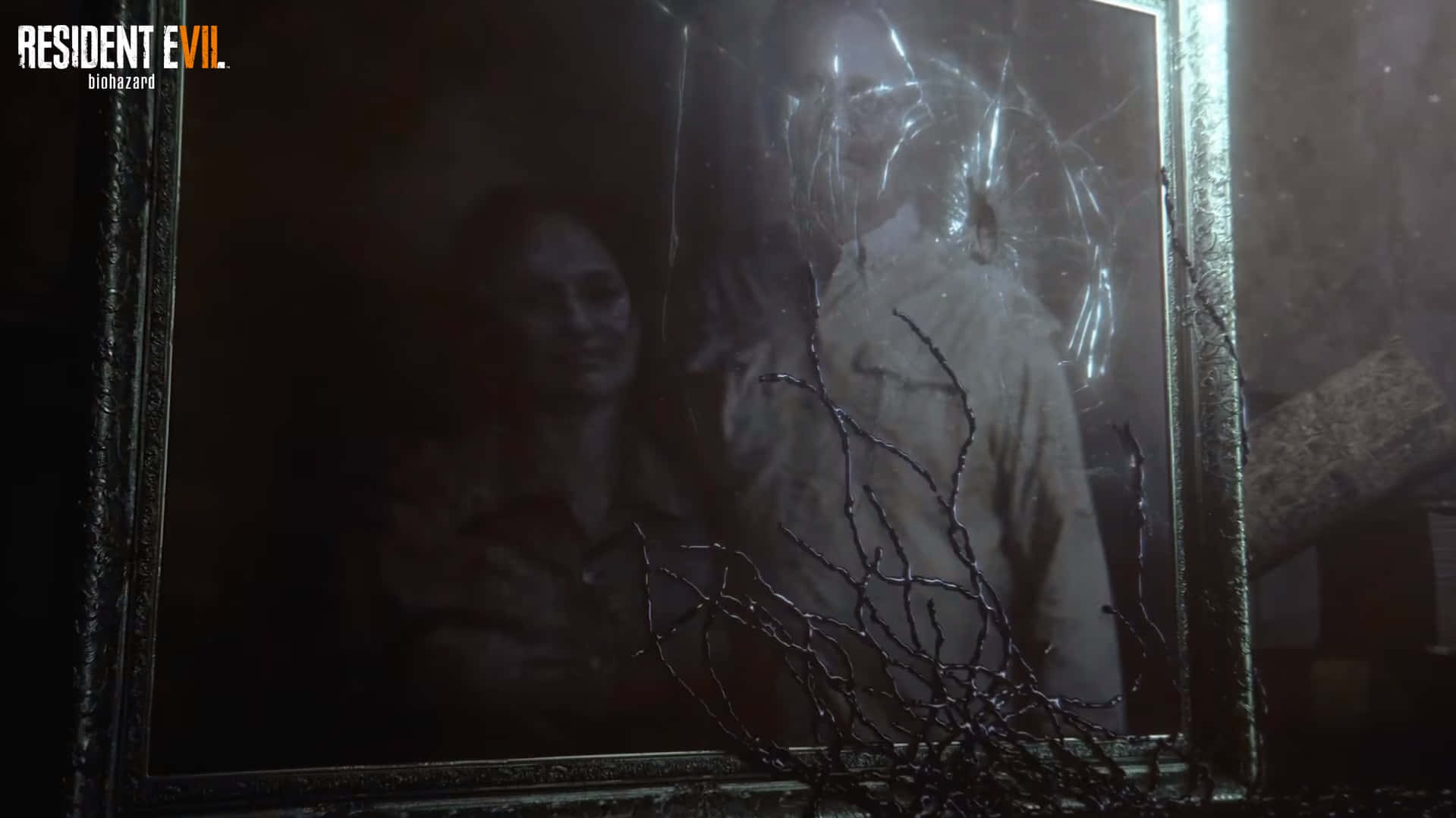 Resident Evil 7, cracked glass window, eerie figures, HD Desktop Wallpaper