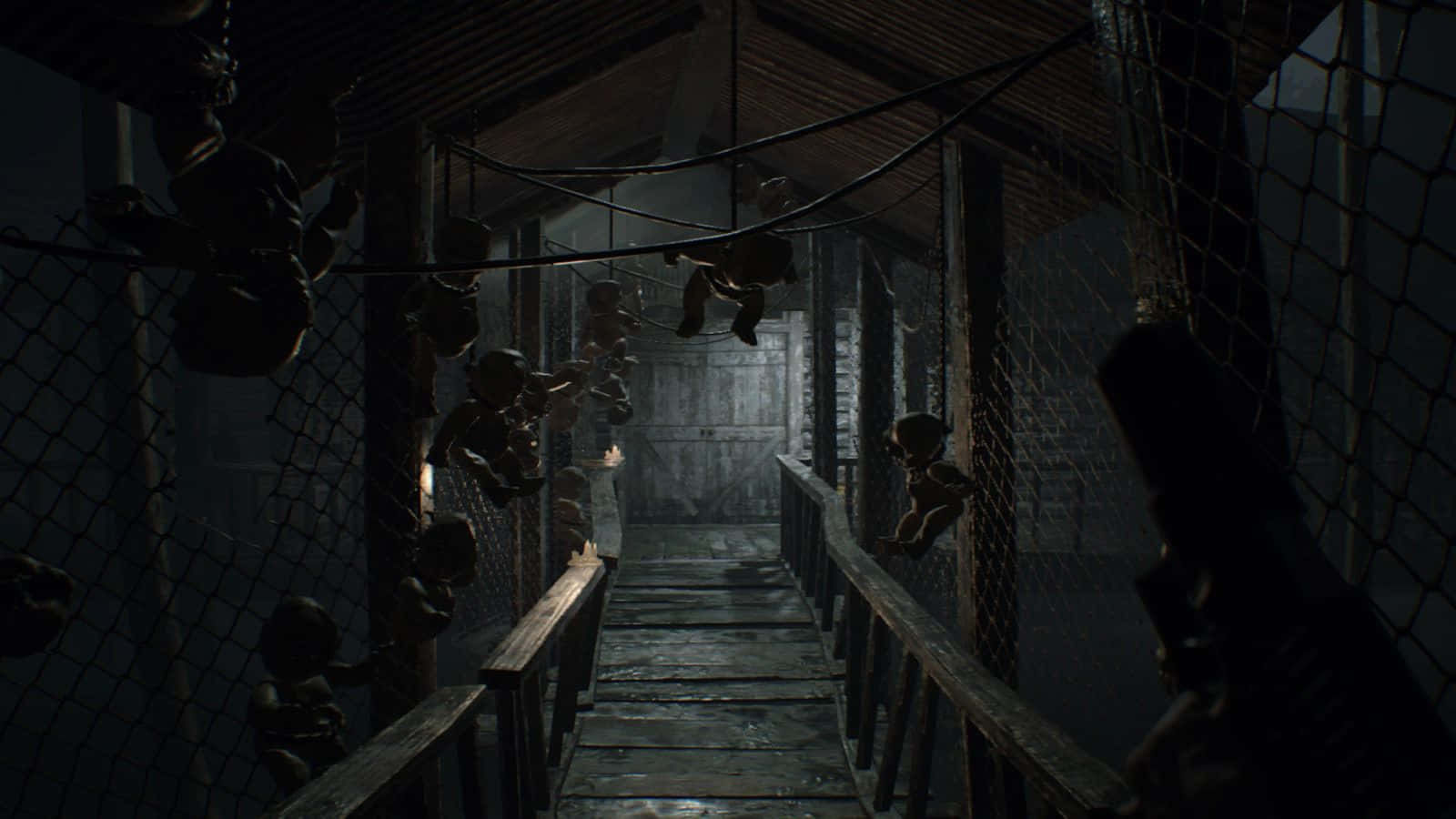 Resident Evil 7, wooden walkway, hanging dolls, HD Desktop Wallpaper