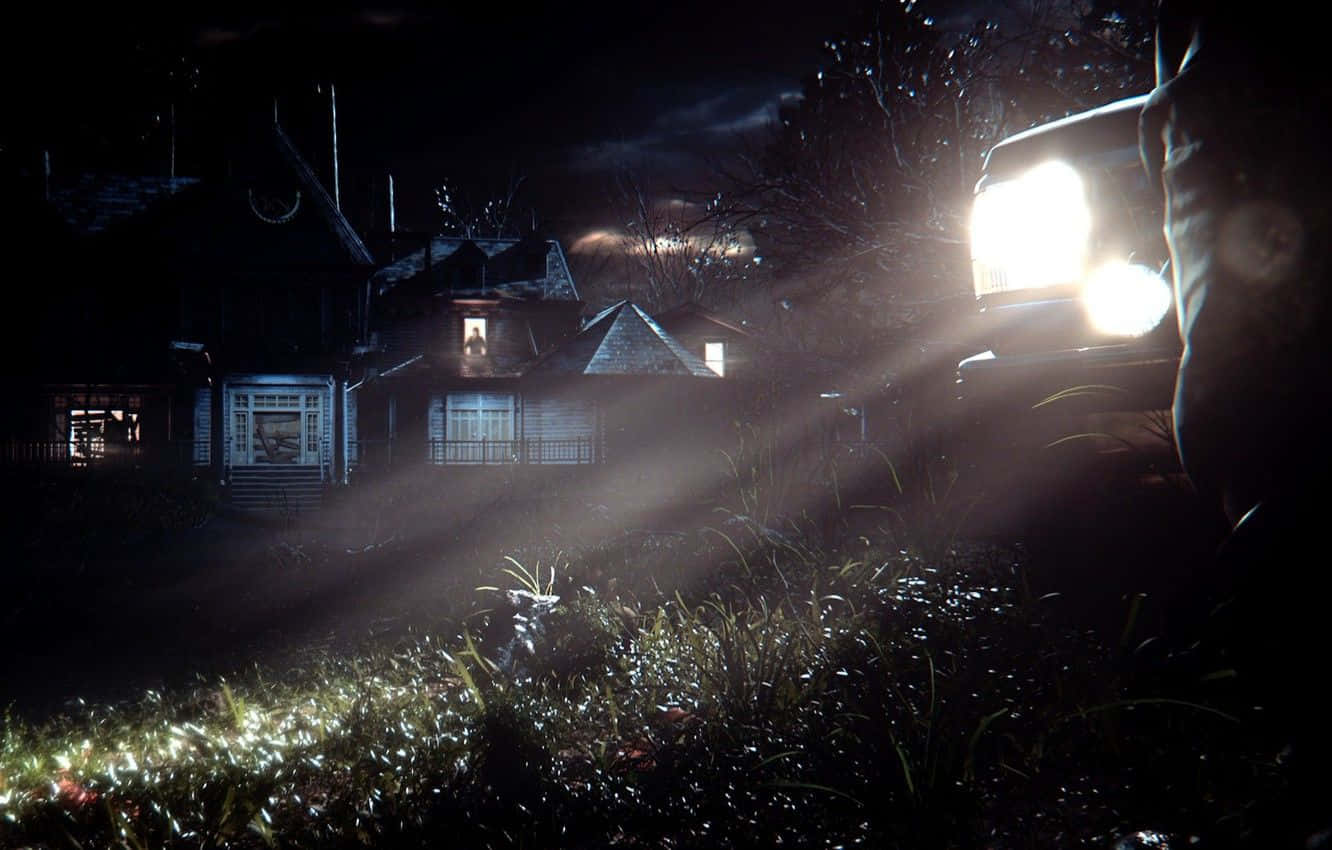 Resident Evil 7, car's headlights, dewy grass, HD Desktop Wallpaper