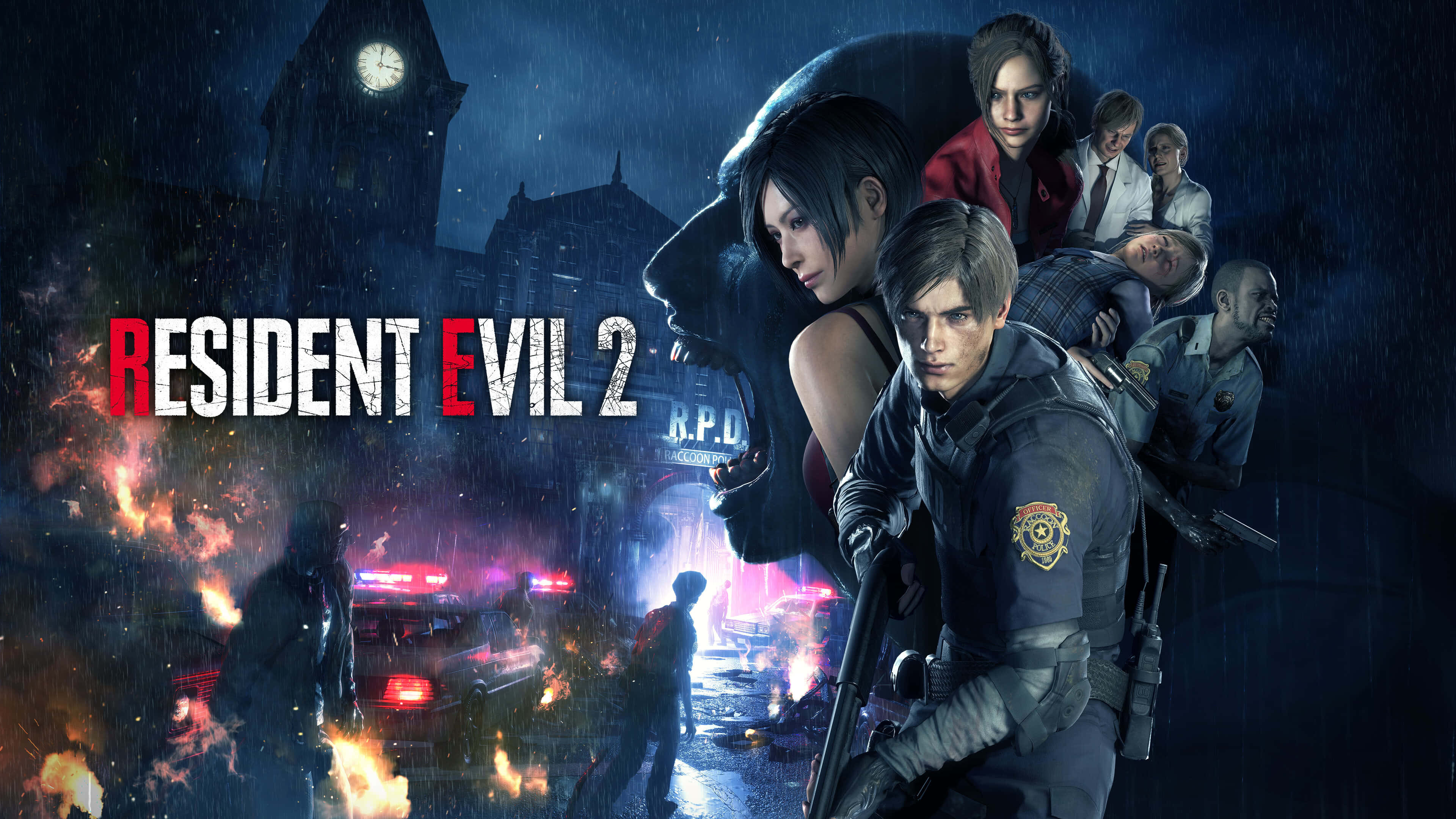 Resident Evil 2, rain-soaked city street, burning cars, 4K Desktop Wallpaper