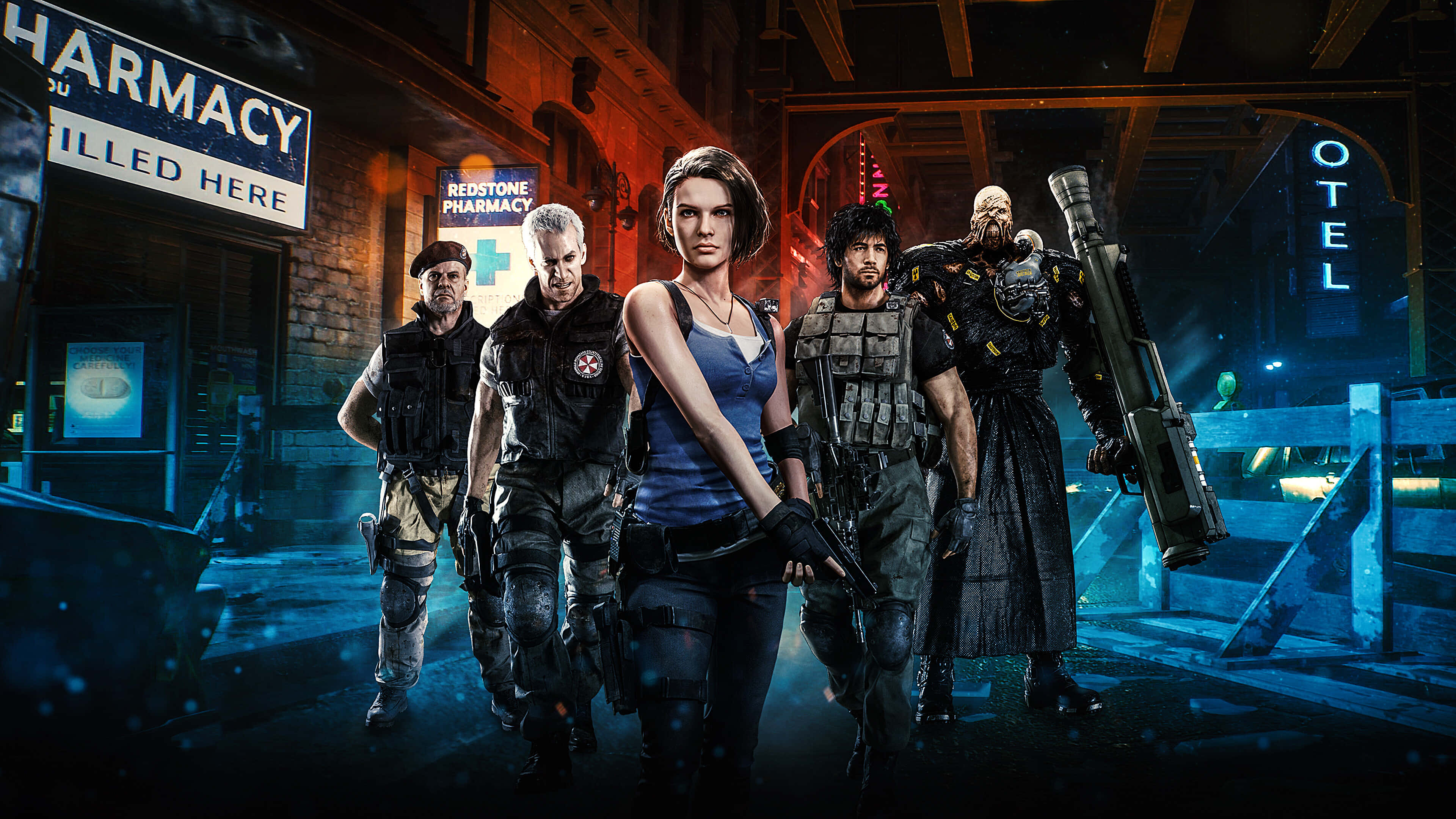 Resident Evil characters, neon-lit urban alley, night, 4K Desktop Wallpaper
