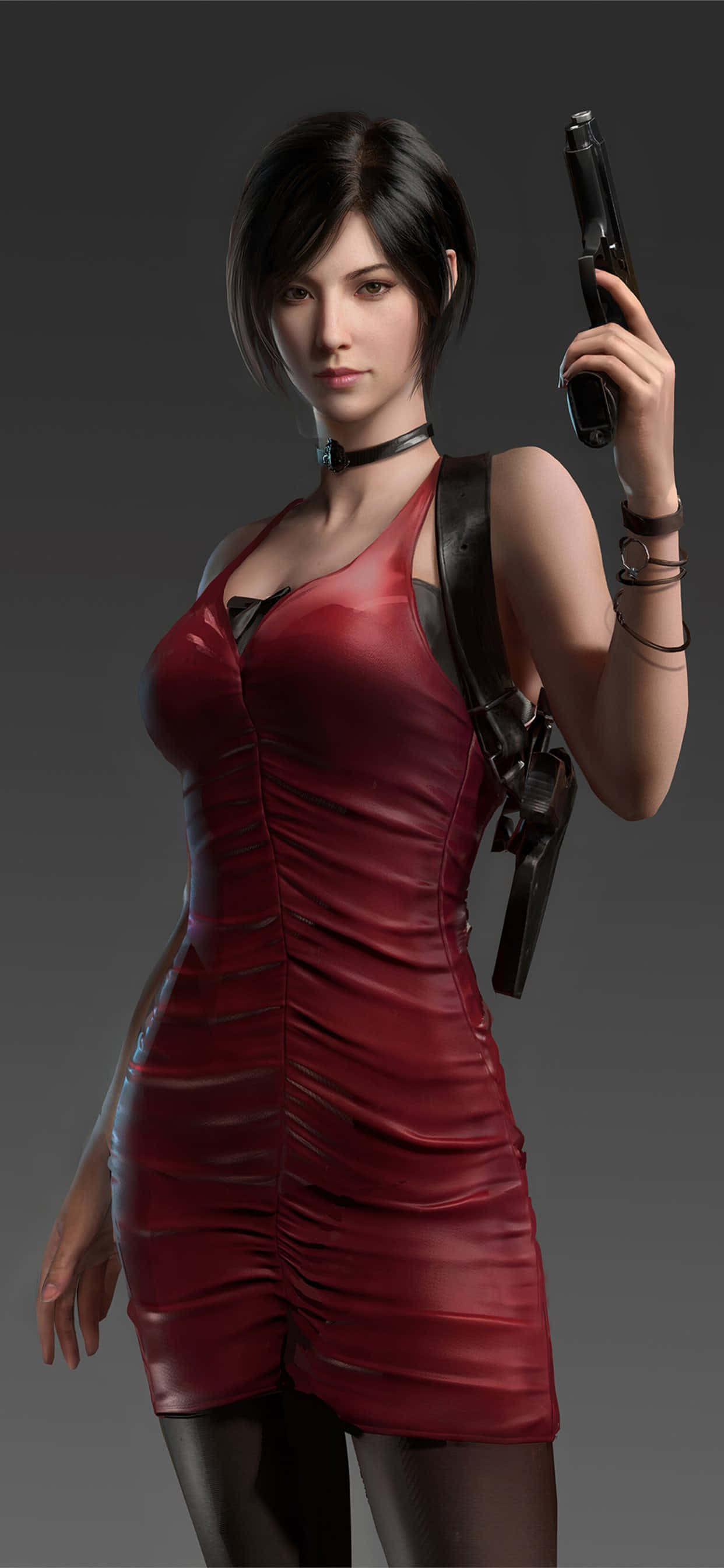 Resident Evil Characters, red leather dress, black choker, 2K Phone Wallpaper