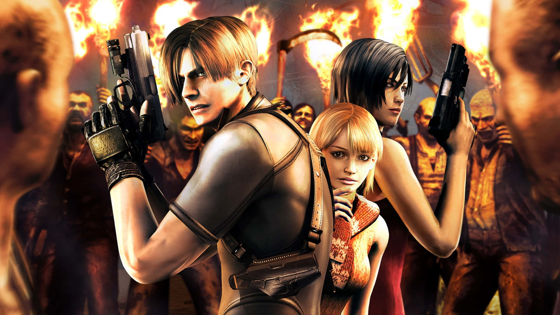 Resident Evil Characters, armed survivors, roaring flames, Full HD Desktop Wallpaper