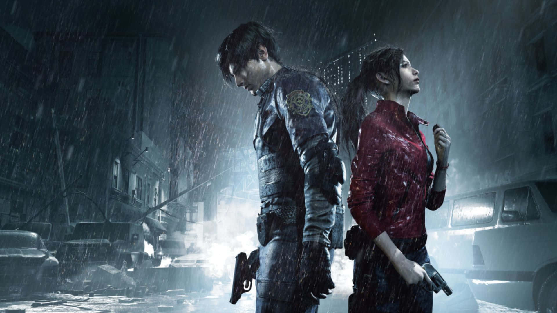 Resident Evil Characters, rain-soaked ruined city street, dim emergency lights, Full HD Desktop Wallpaper