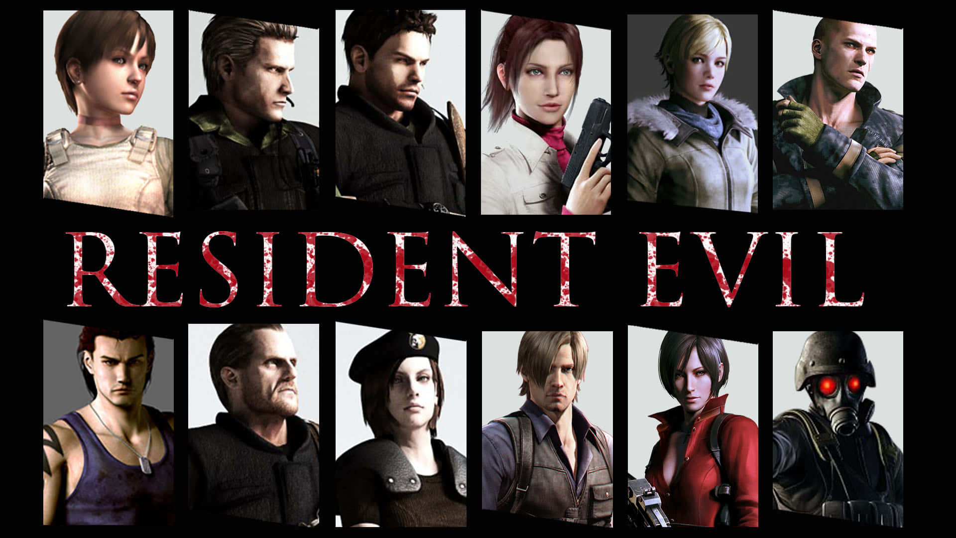 Resident Evil characters, black background, red title text, Full HD Desktop Wallpaper