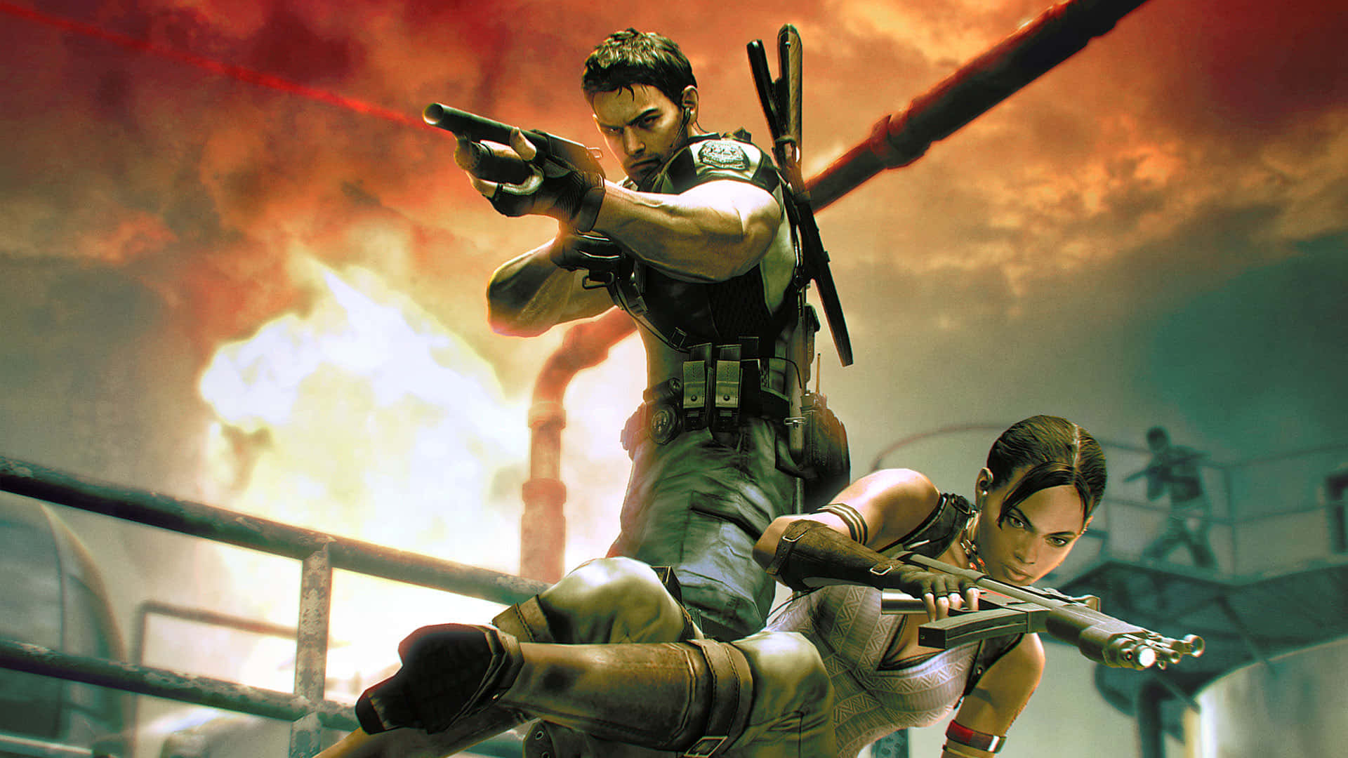 Resident Evil Characters, tactical gear, fiery explosions, Full HD Desktop Wallpaper