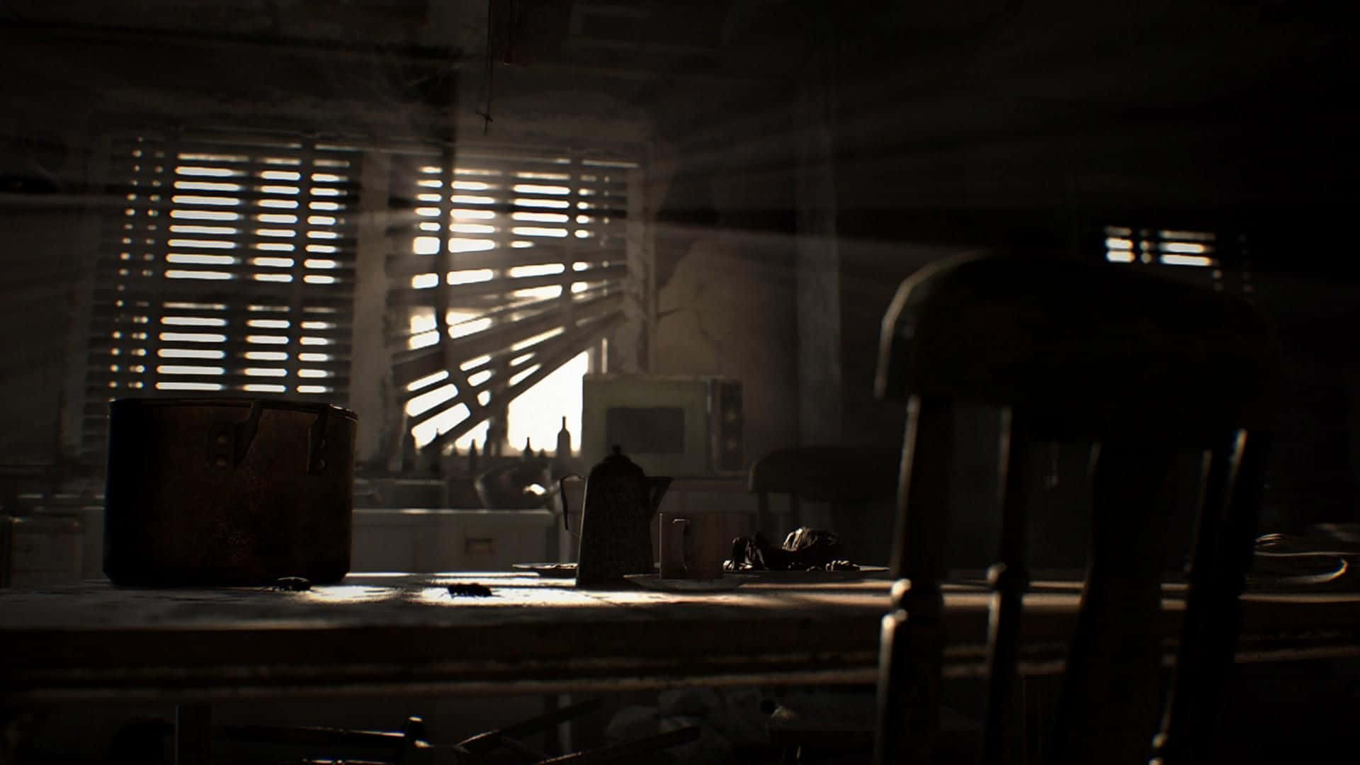 Resident Evil 7, dusty abandoned kitchen table, sunlight, Full HD Desktop Wallpaper