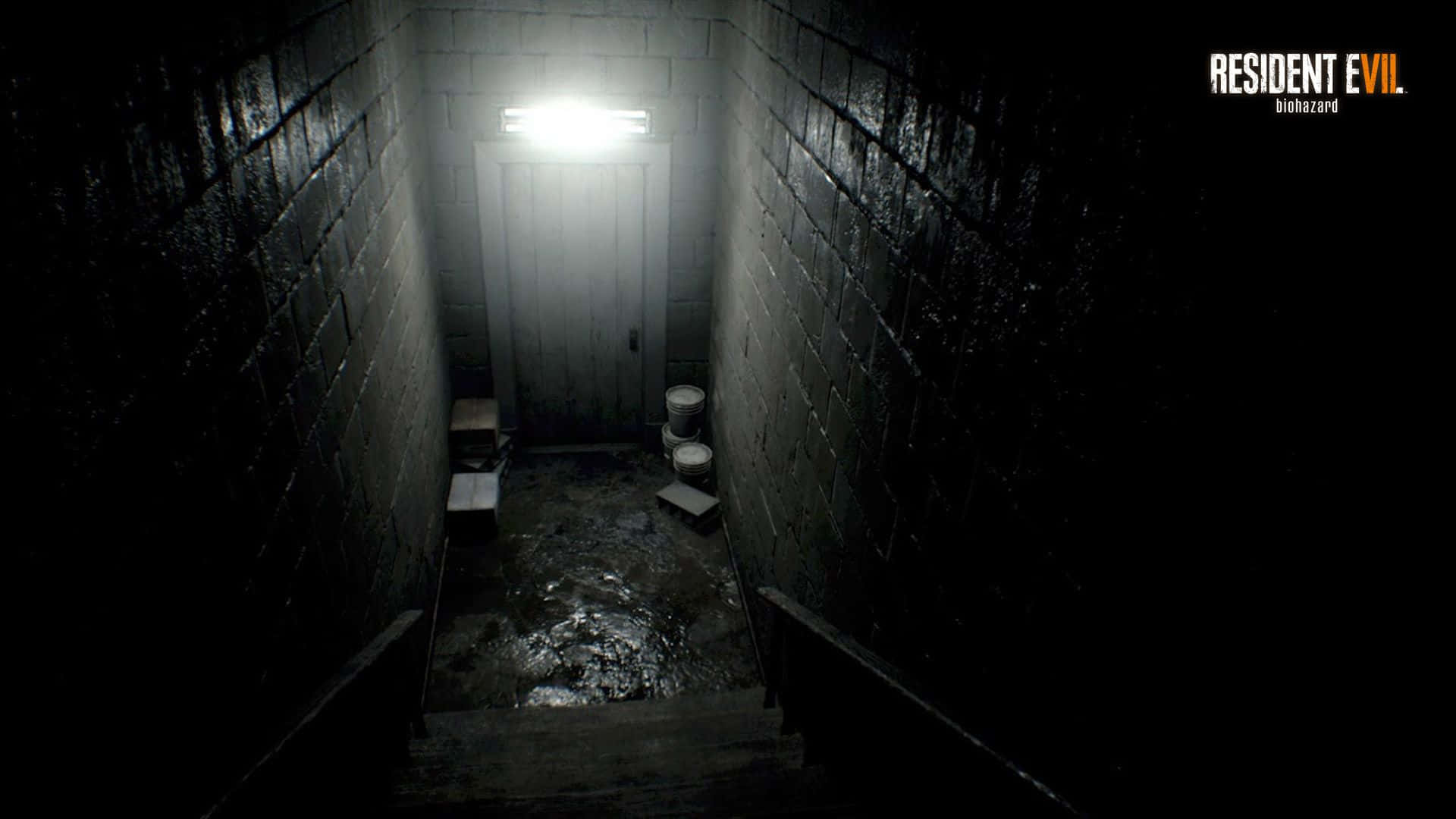 Resident Evil 7, concrete stairwell, narrow corridor, Full HD Desktop Wallpaper