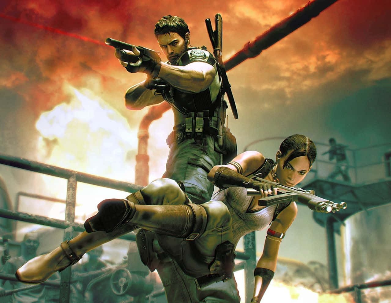 Resident Evil 5, tactical gear, fiery explosions, SD Desktop Wallpaper
