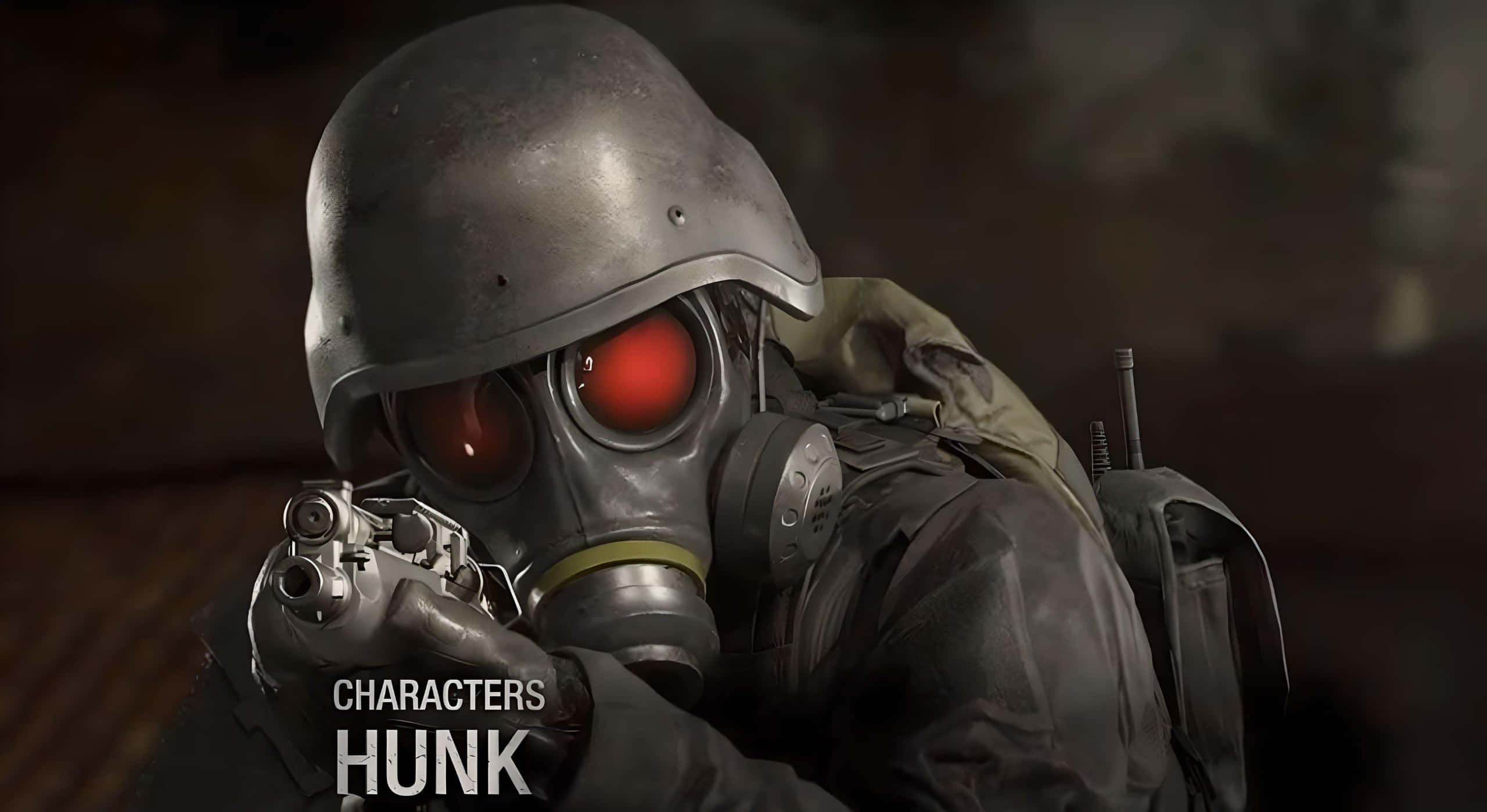 Resident Evil Hunk, gas mask, glowing red eyes, 2K Desktop Wallpaper
