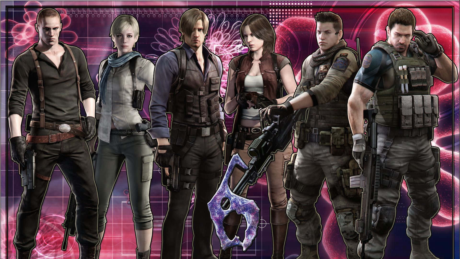 Resident Evil, Resident Evil Characters, glowing pink and purple abstract background, Full HD Desktop Wallpaper