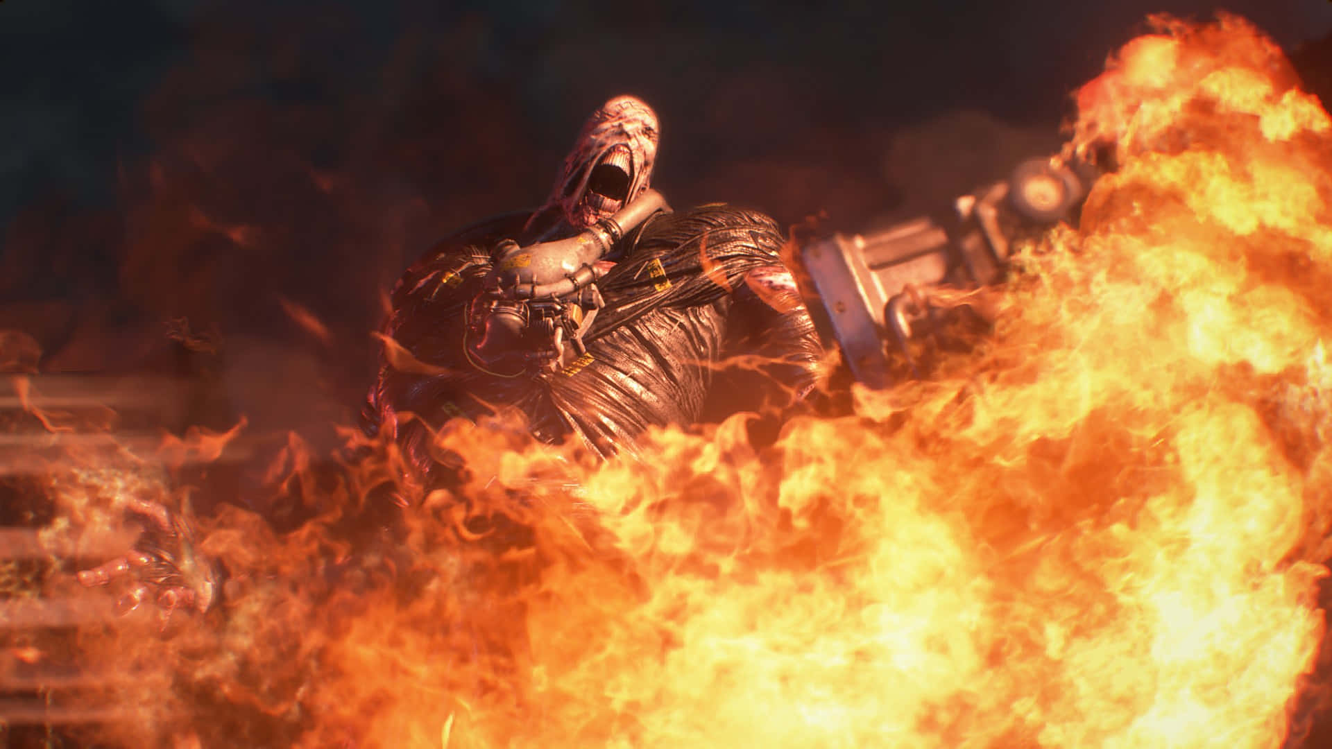 Resident Evil Nemesis, monstrous armored figure, roaring orange flames, Full HD Desktop Wallpaper