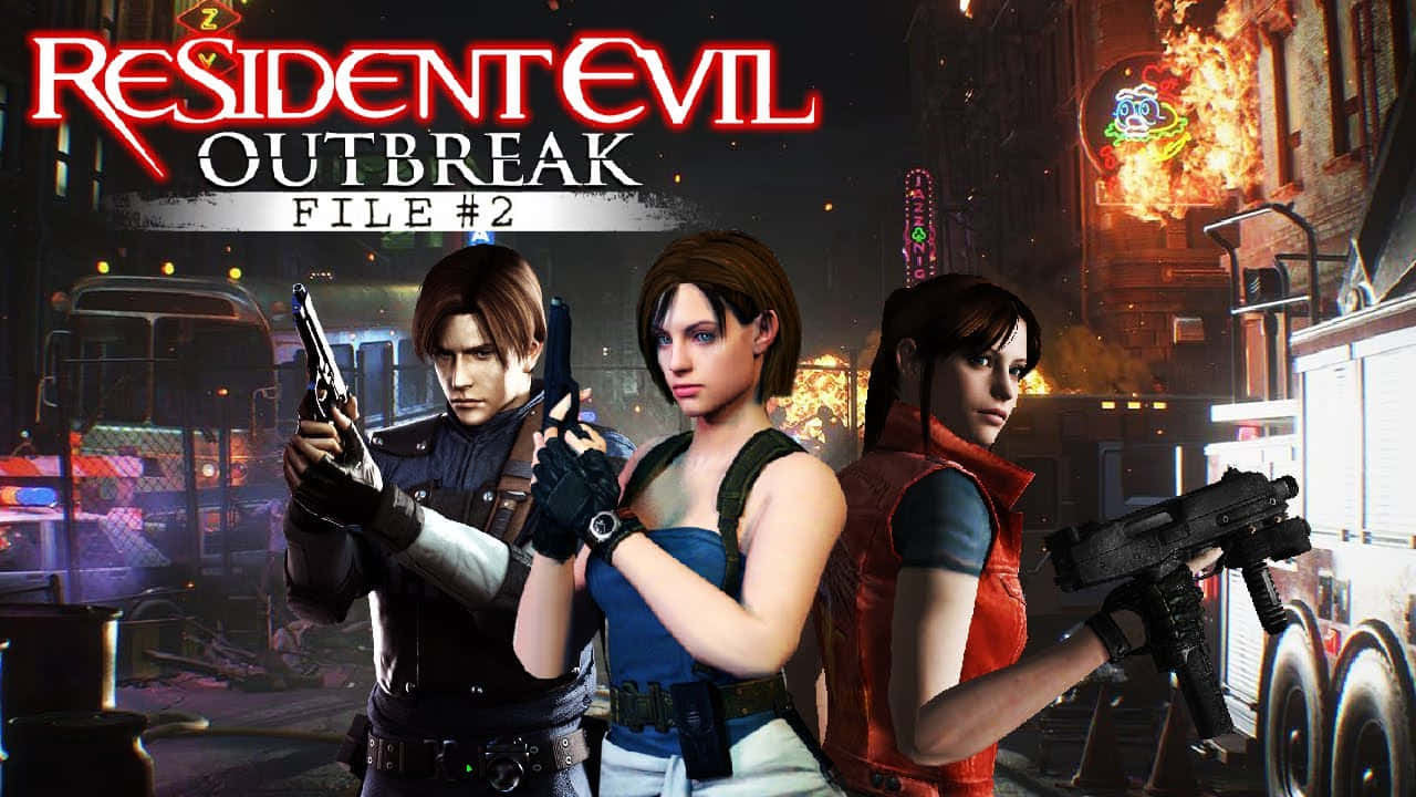 Resident Evil Outbreak File 2, three armed protagonists, fiery urban night scene, HD Desktop Wallpaper