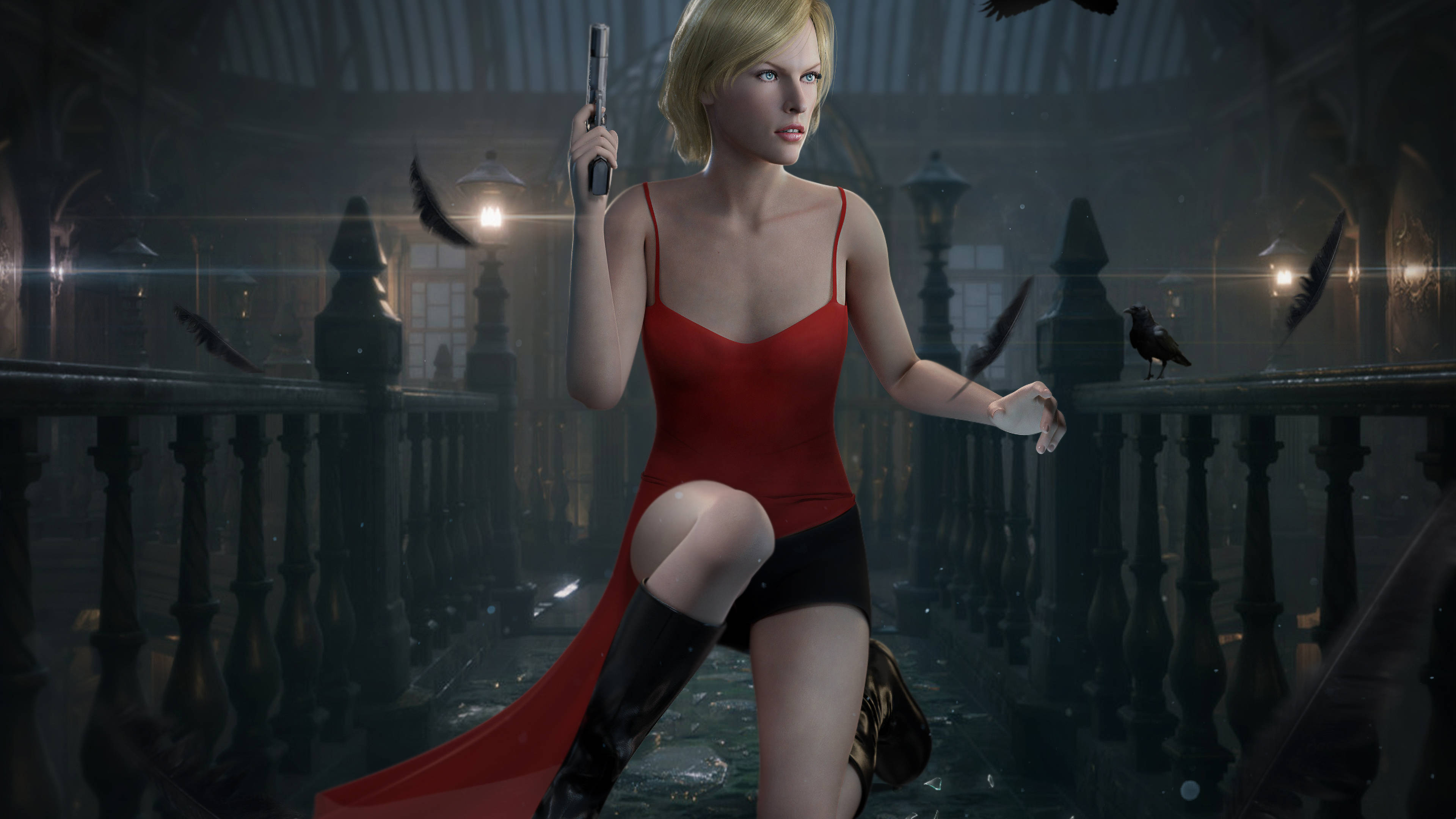 Resident Evil, blonde woman, red dress, 4K Desktop Wallpaper