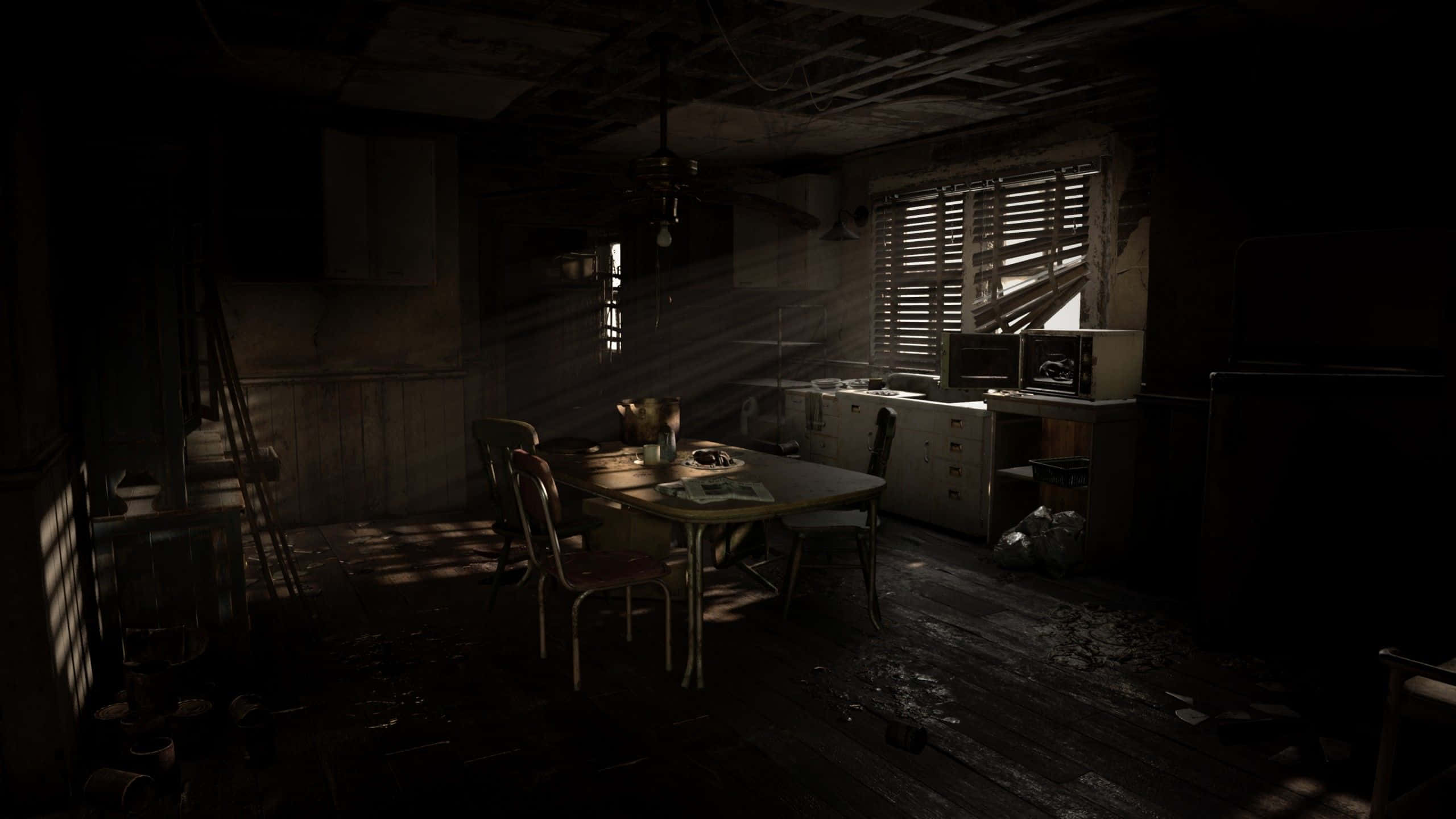 Resident Evil 7, sunlight, broken blinds, 2K Desktop Wallpaper