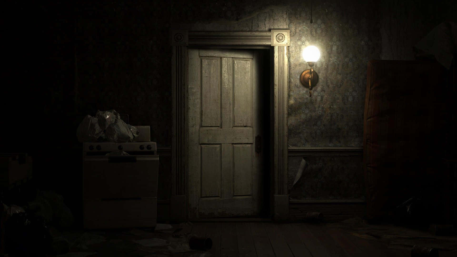 Resident Evil 7, flickering light, weathered door, Full HD Desktop Wallpaper