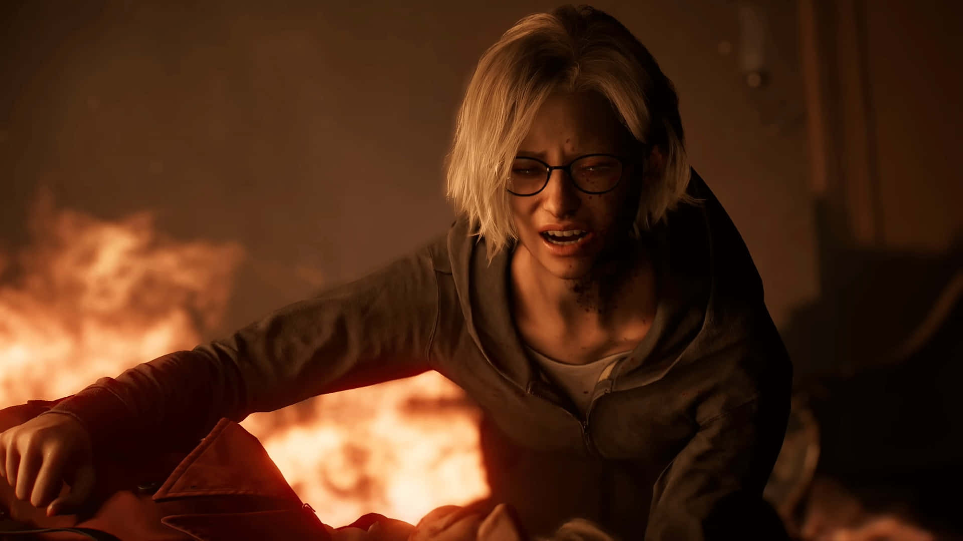 Resident Evil Requiem, woman with short blonde hair and glasses, dim room, Full HD Desktop Wallpaper