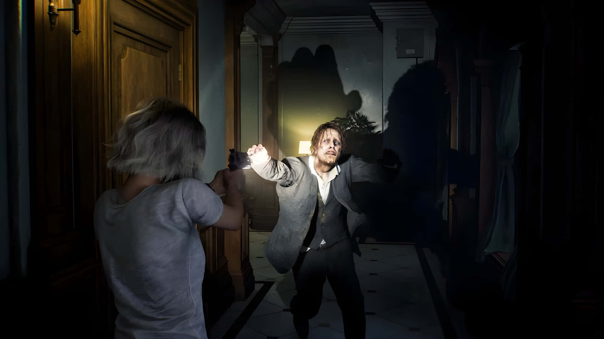 Resident Evil Requiem, woman with short gray hair, gun, Full HD Desktop Wallpaper