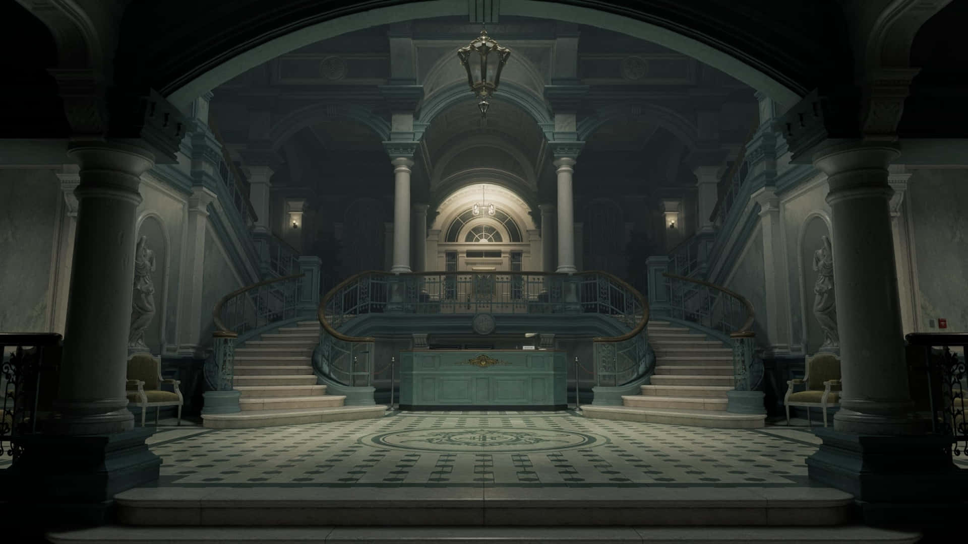 Resident Evil Requiem, mansion interior, twin sweeping staircases, Full HD Desktop Wallpaper