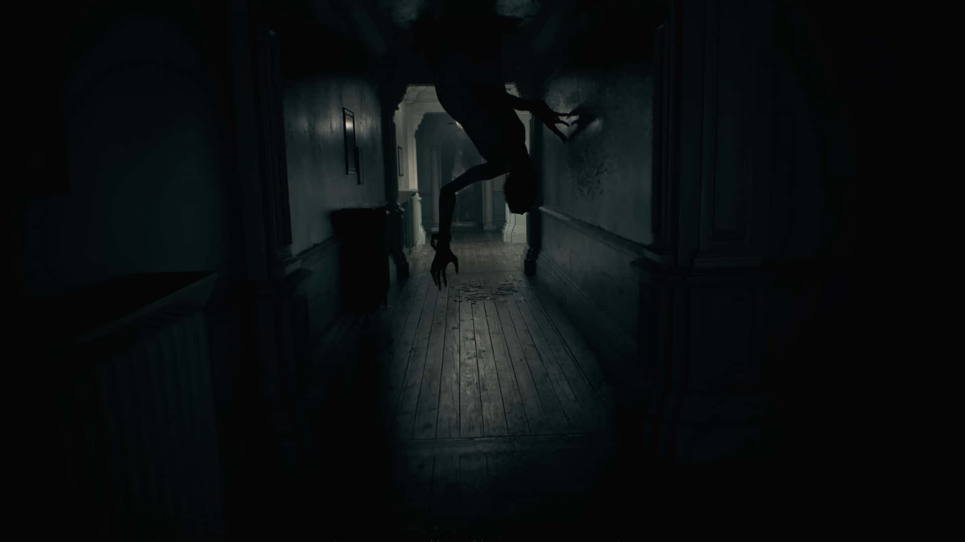 Resident Evil Requiem, chase scene, shadowy humanoid figure, Full HD Desktop Wallpaper