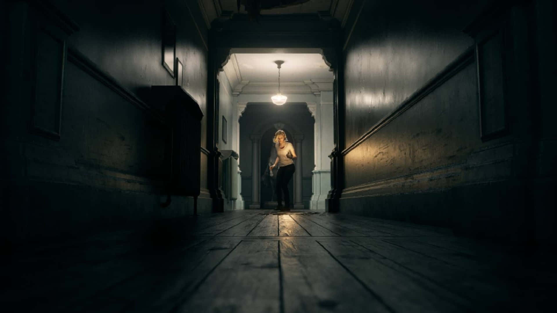 Resident Evil Requiem, hallway, dimly lit wooden hallway, Full HD Desktop Wallpaper