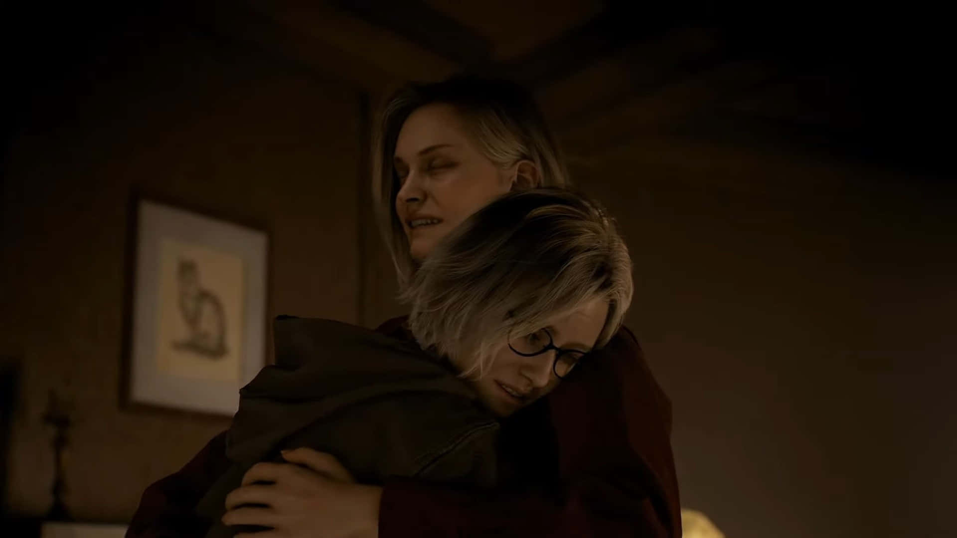 Resident Evil Requiem, two women, dimly lit room, Full HD Desktop Wallpaper