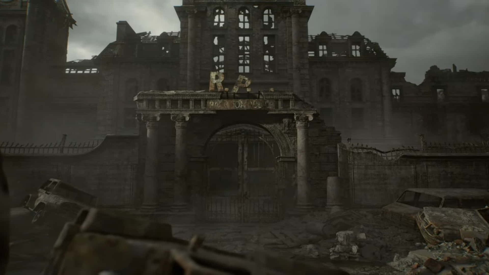 Resident Evil Requiem, ruined mansion, stone archway, Full HD Desktop Wallpaper