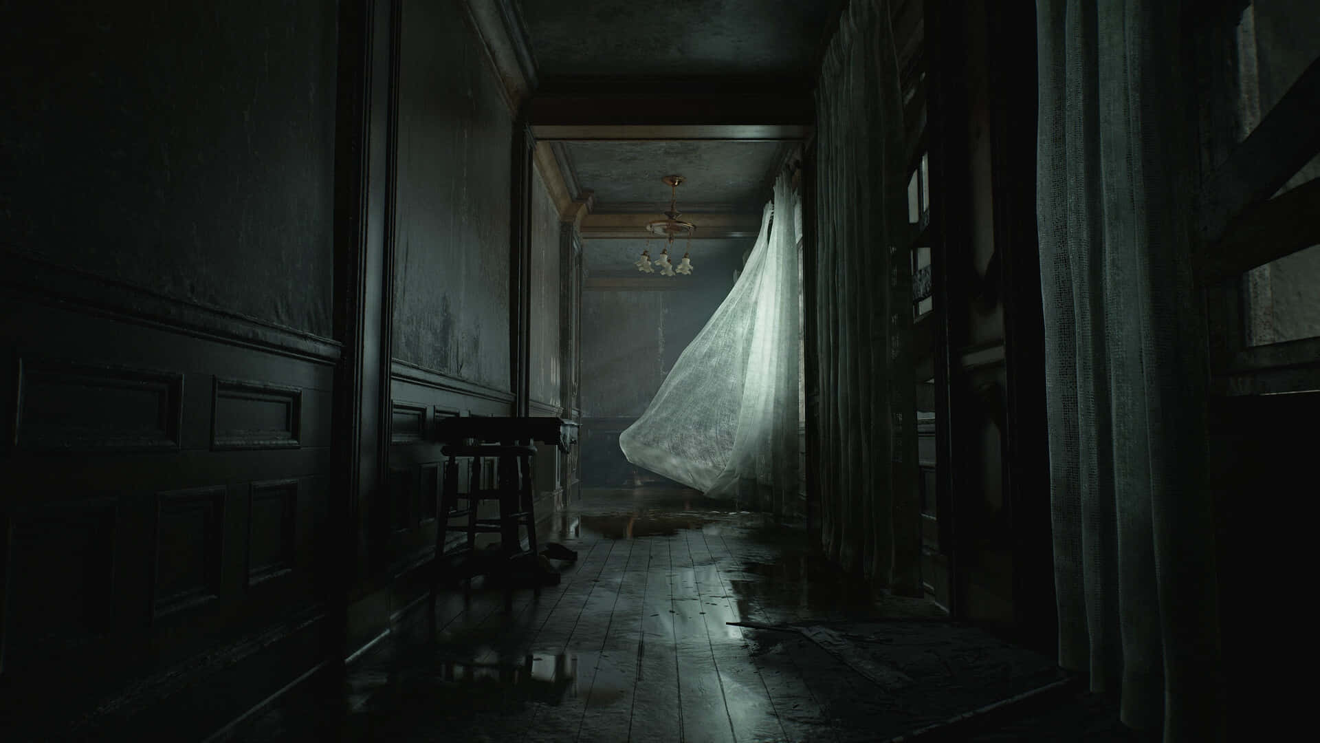 Resident Evil Requiem, haunted hallway, dimly lit, Full HD Desktop Wallpaper
