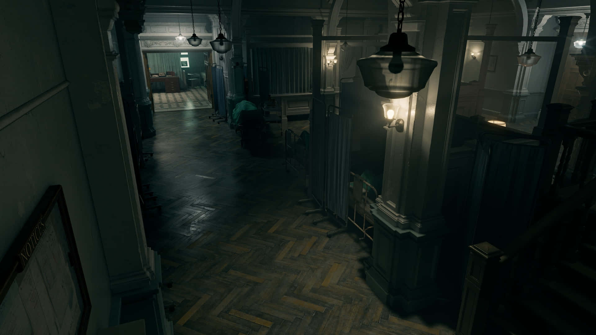 Resident Evil Requiem, mansion hallway, herringbone wood floors, Full HD Desktop Wallpaper