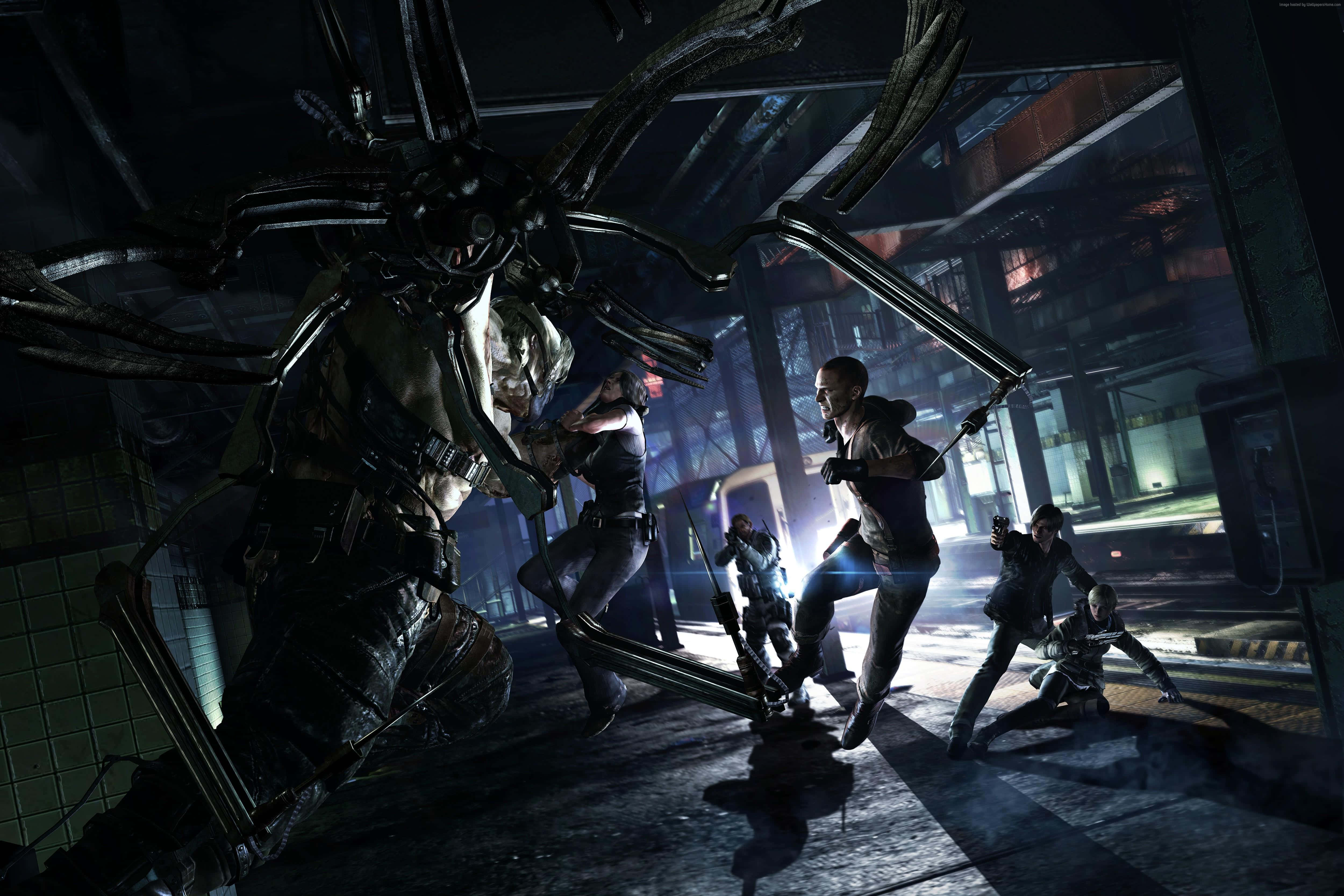 Resident Evil Revelations 2, giant mechanical spider, dark industrial urban alley, 4K Desktop Wallpaper
