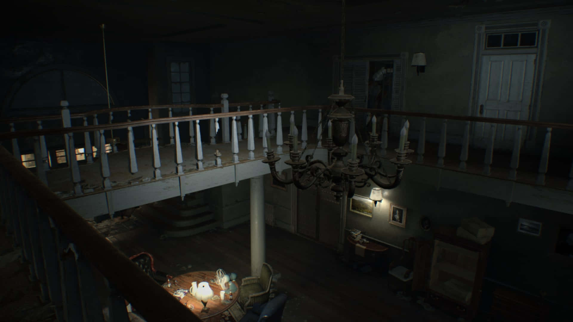 Resident Evil Spencer Mansion, dark hallway, chandelier, Full HD Desktop Wallpaper