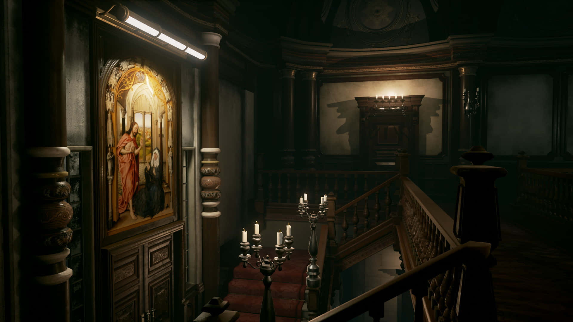Resident Evil Spencer Mansion, hallway, grand staircase, Full HD Desktop Wallpaper