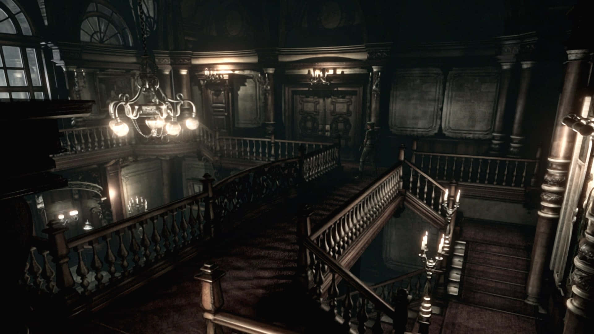 Resident Evil Spencer Mansion, main hall, ornate wooden staircases, Full HD Desktop Wallpaper