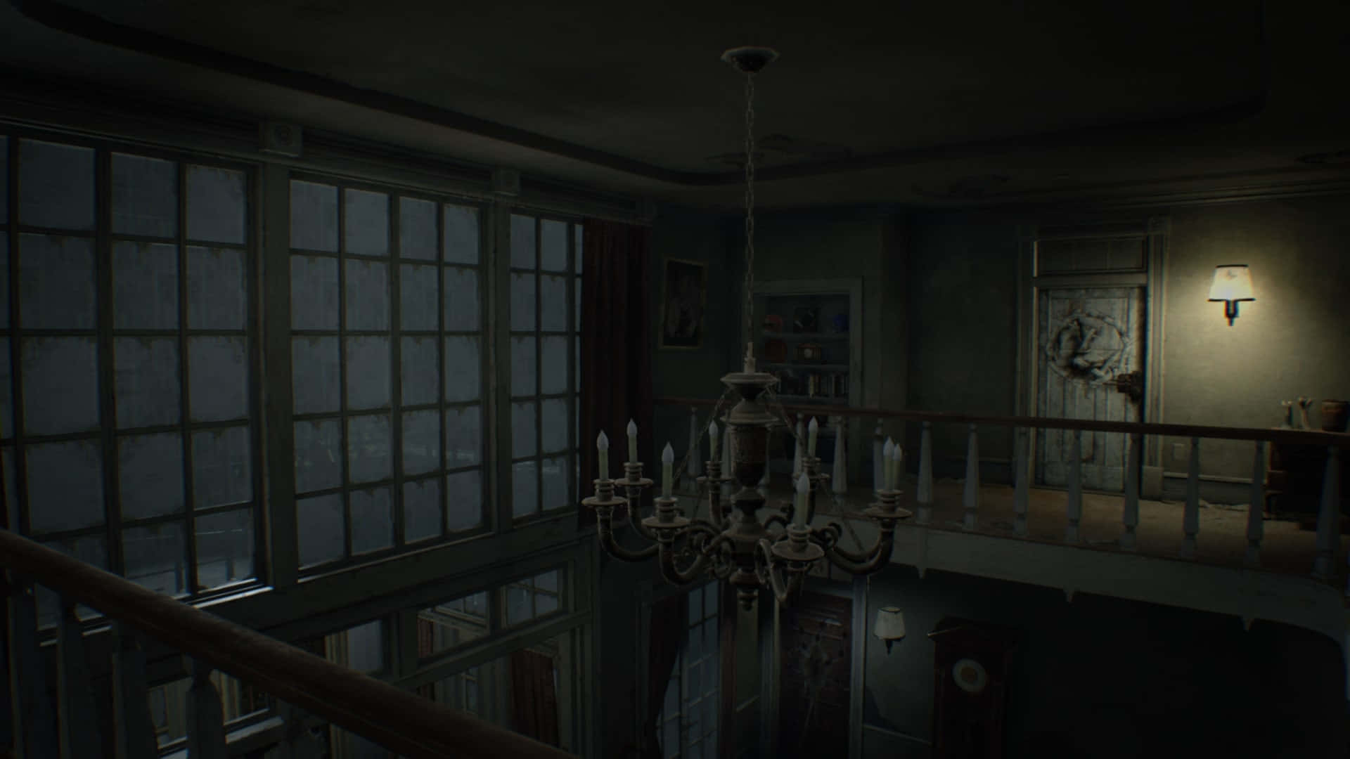 Resident Evil Spencer Mansion, dark hallway, chandelier, Full HD Desktop Wallpaper