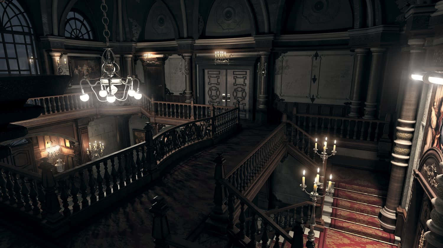 Resident Evil Spencer Mansion, main hall, ornate staircases, HD Desktop Wallpaper