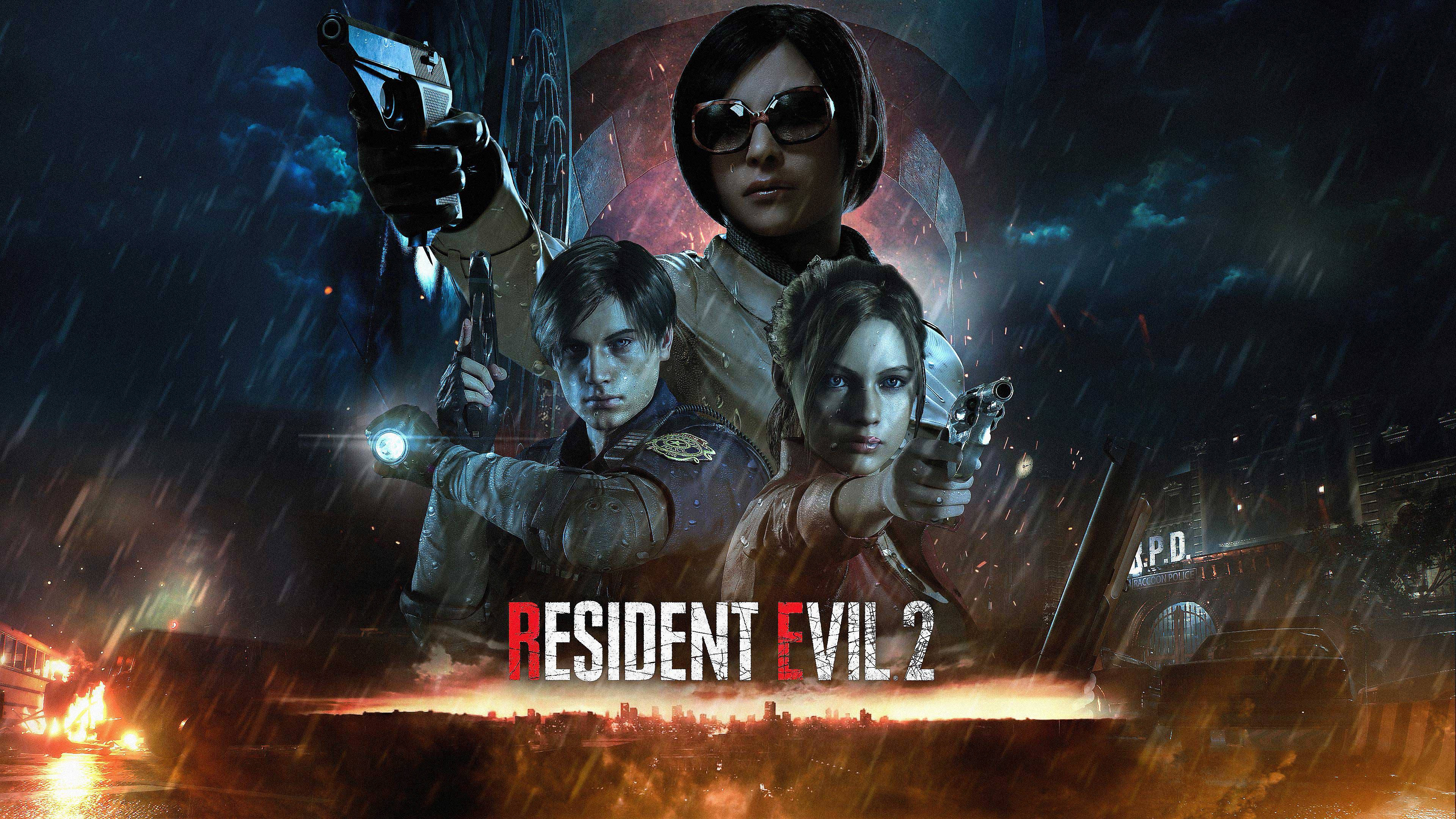 Resident Evil 2, rain-soaked ruined city, dark stormy sky, 4K Desktop Wallpaper