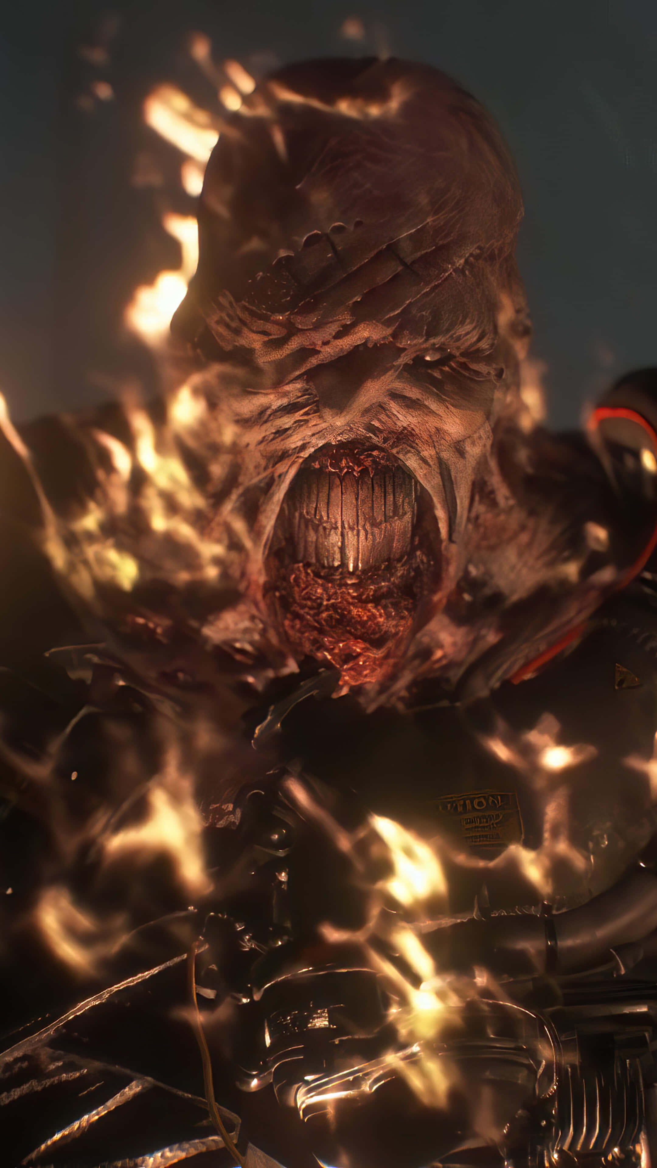 Resident Evil Tyrant, flames, glowing orange flames, 4K Phone Wallpaper
