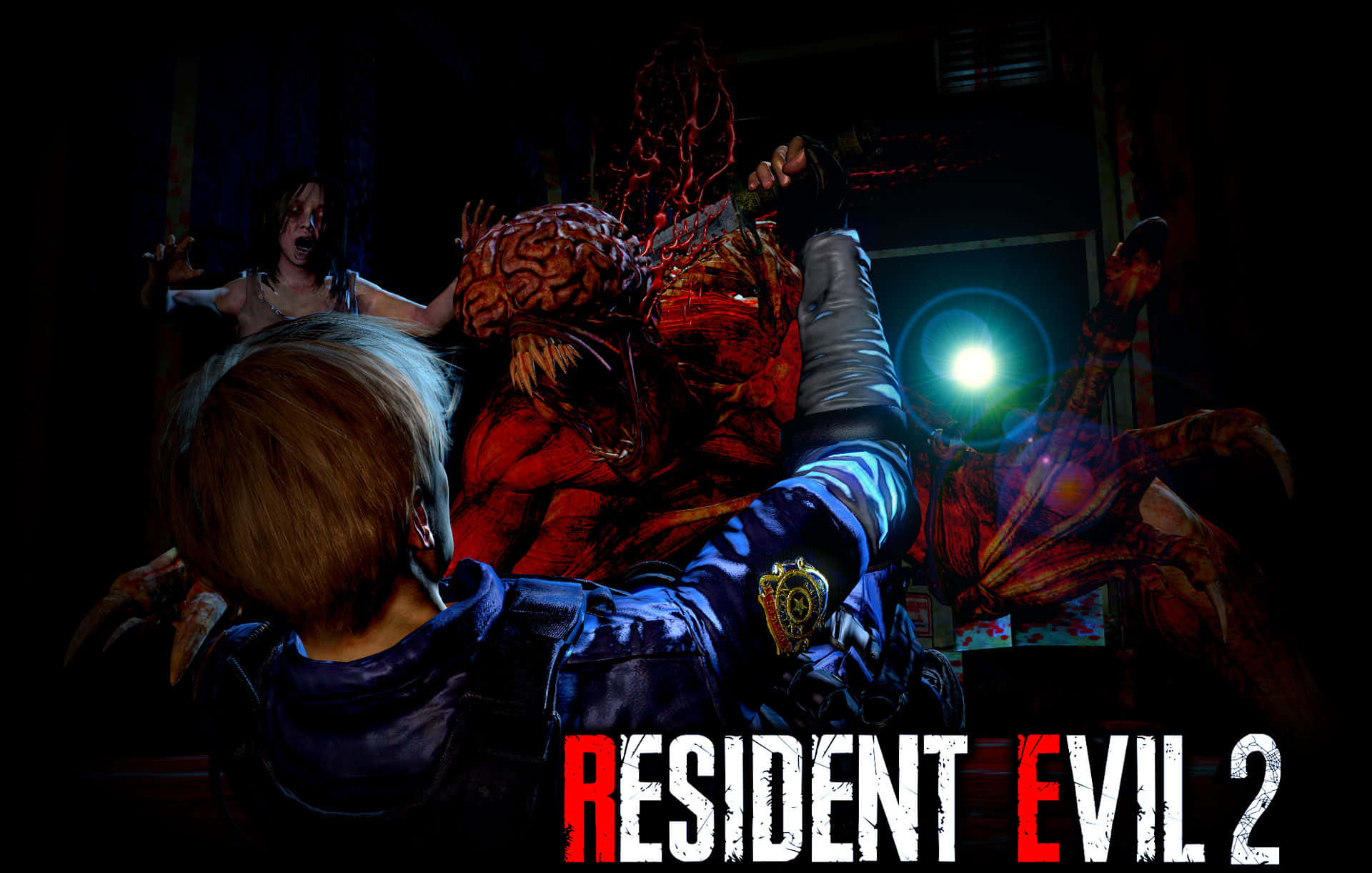 Resident Evil 2, blue jacket, grotesque red monster with exposed brain, Full HD Desktop Wallpaper