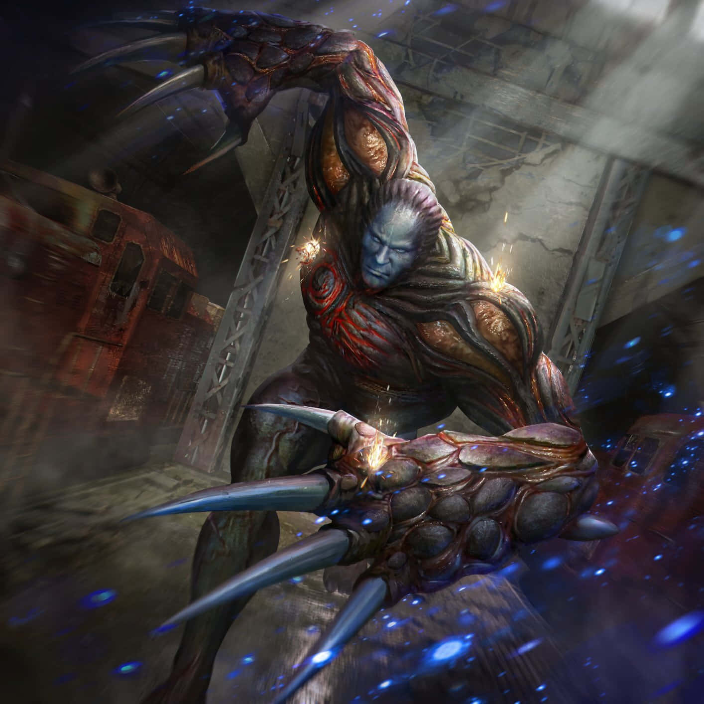 Resident Evil Tyrant, glowing blue skin, spiked limbs, HD Desktop Wallpaper