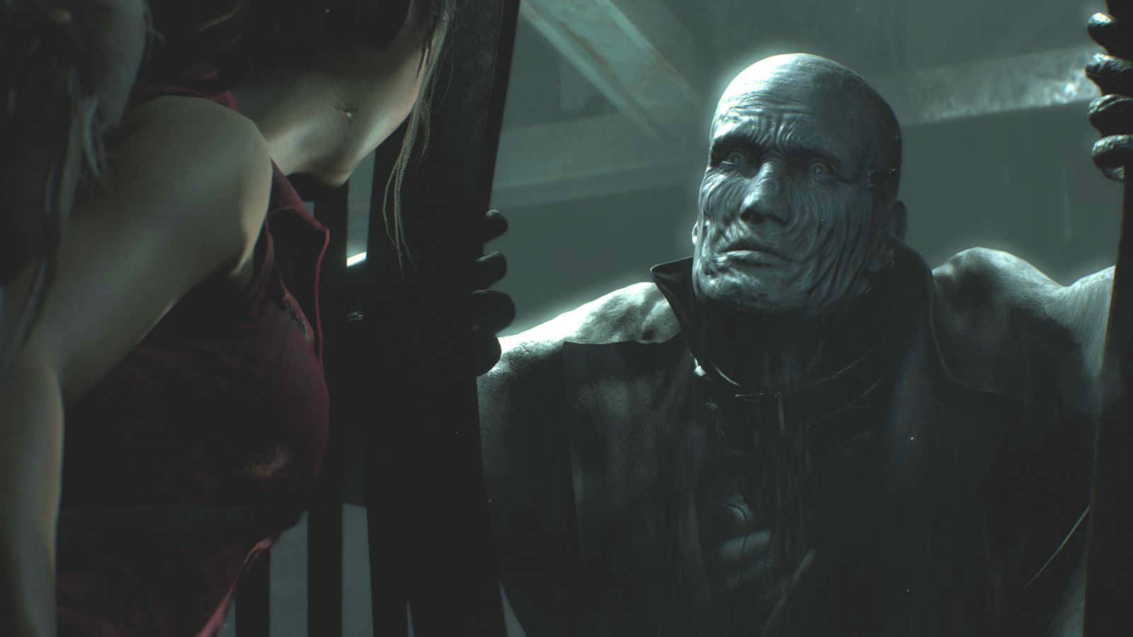 Resident Evil Tyrant, woman in red, pale bald man with deep wrinkles, HD Desktop Wallpaper