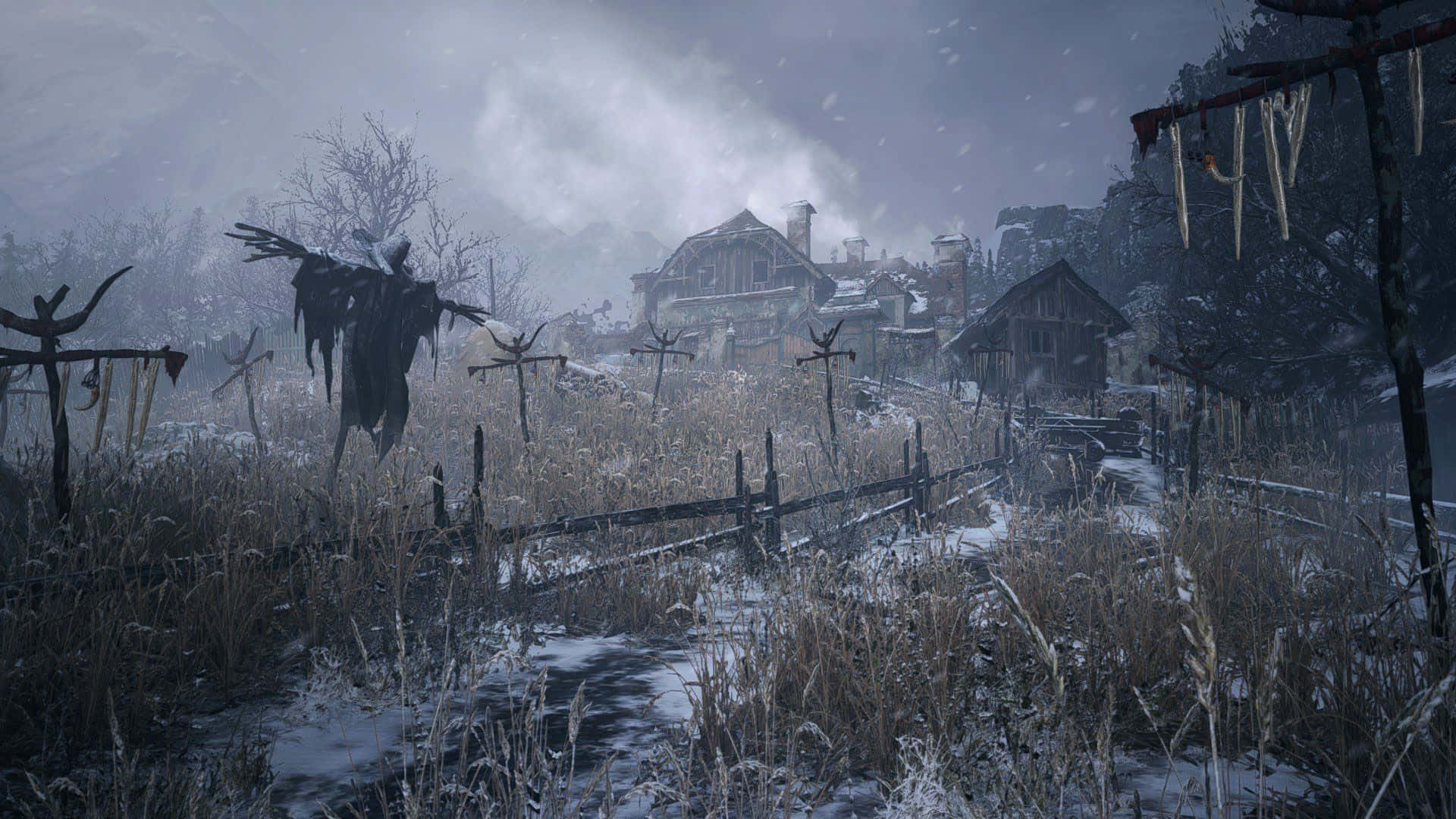 Resident Evil Village, winter village, snow-covered cottages, Full HD Desktop Wallpaper