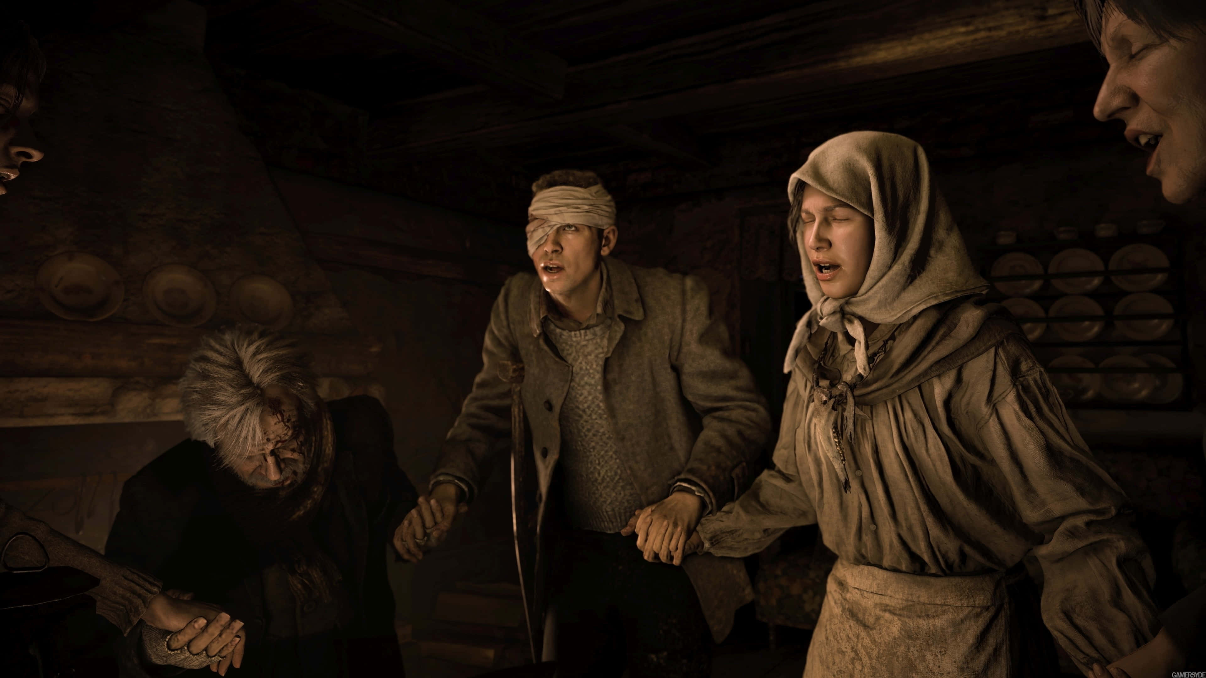 Resident Evil Village, villagers, dim wooden cabin, 4K Desktop Wallpaper