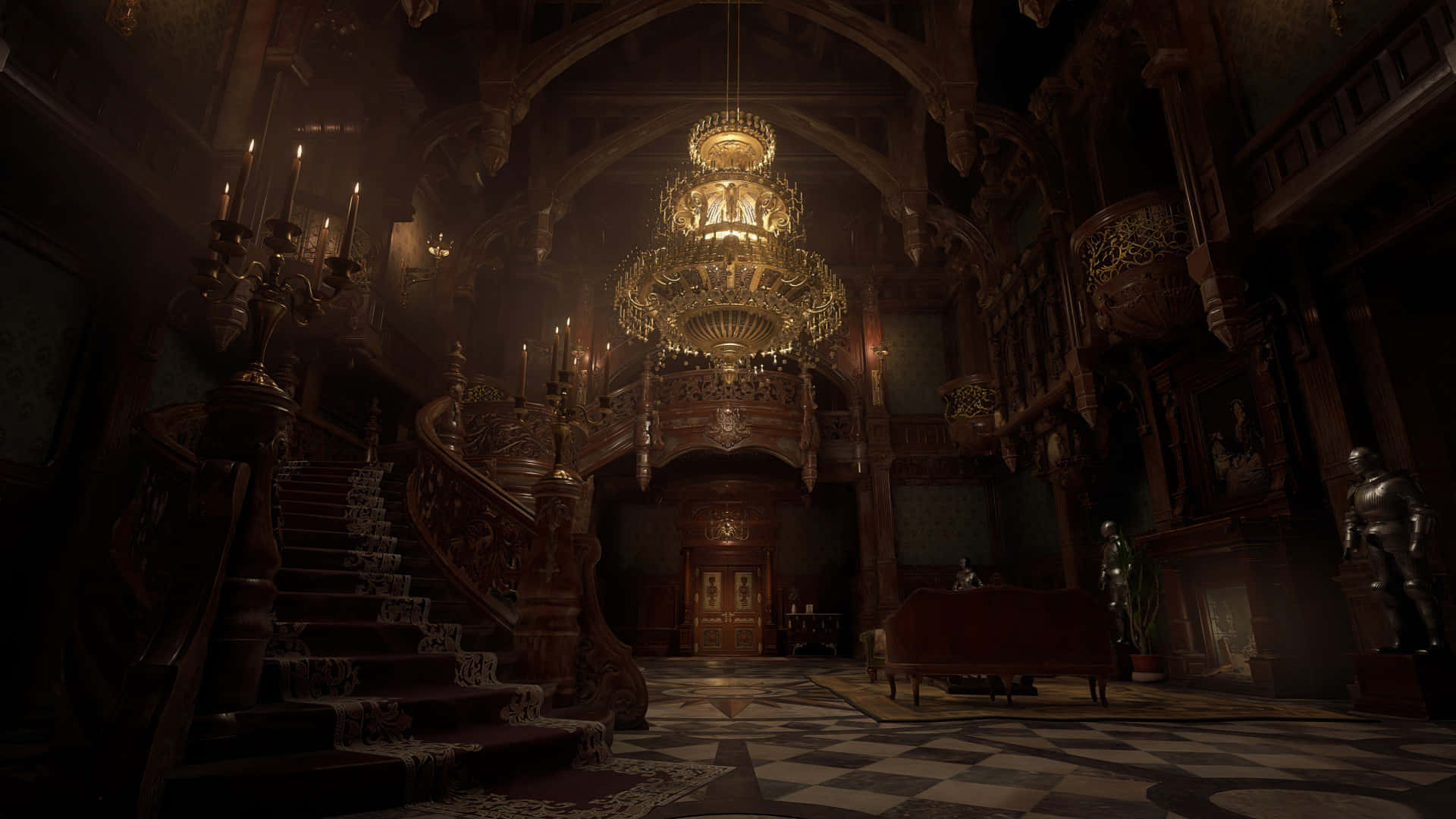 Resident Evil Village, gothic mansion hall, massive chandelier, Full HD Desktop Wallpaper