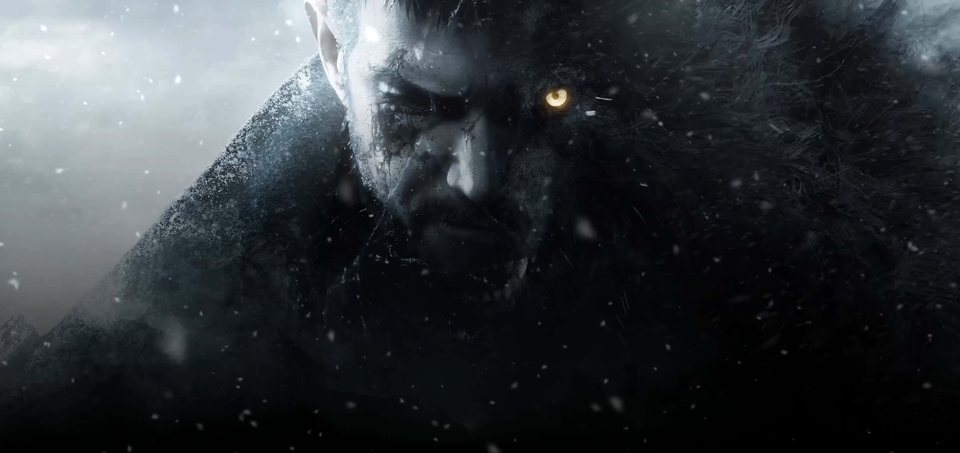 Resident Evil Village, glowing amber eyes, falling snow, 2K Desktop Wallpaper