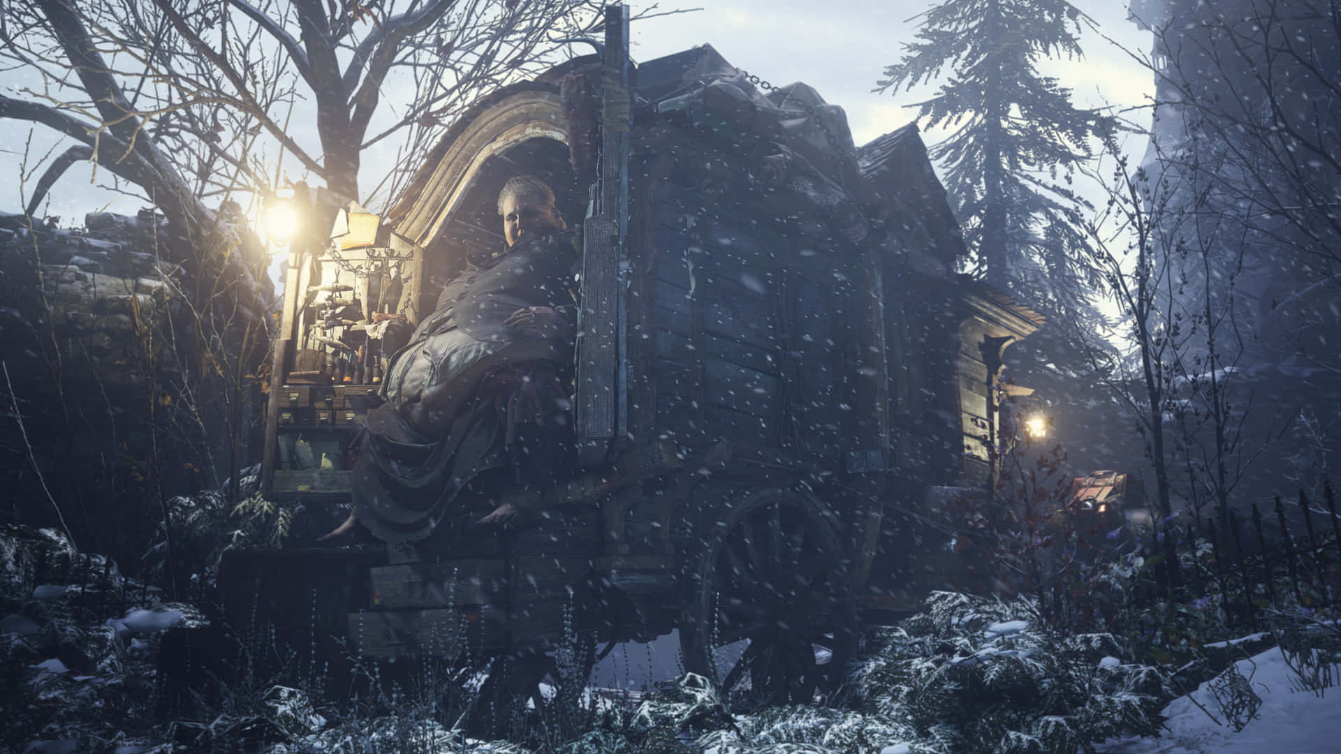 Resident Evil Village, snow-covered wagon, wintry forest, Full HD Desktop Wallpaper