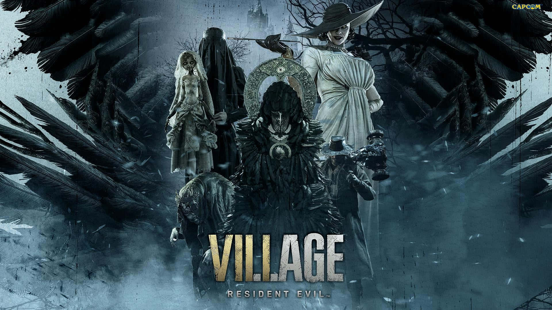 Resident Evil Village, grotesque figures, massive black wings, Full HD Desktop Wallpaper